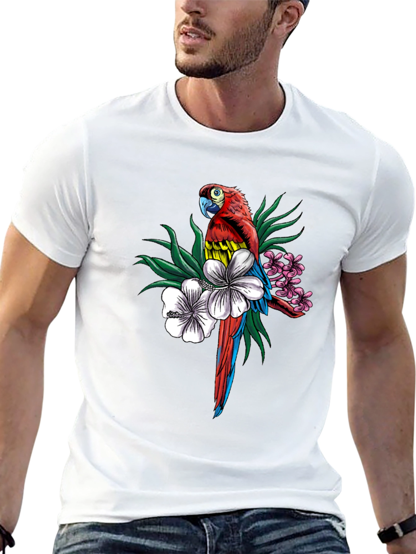 Tropical Parrot Graphic Tee - Mens Black T-Shirt