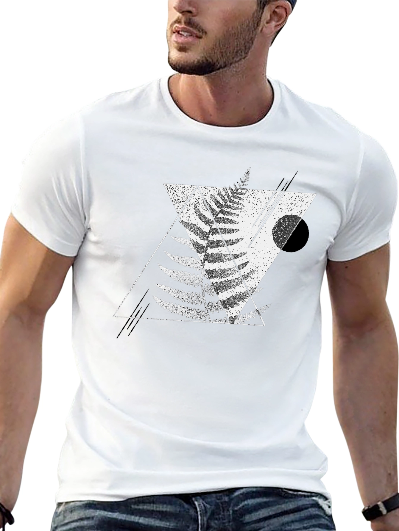 Geometric Fern Print Black T-Shirt