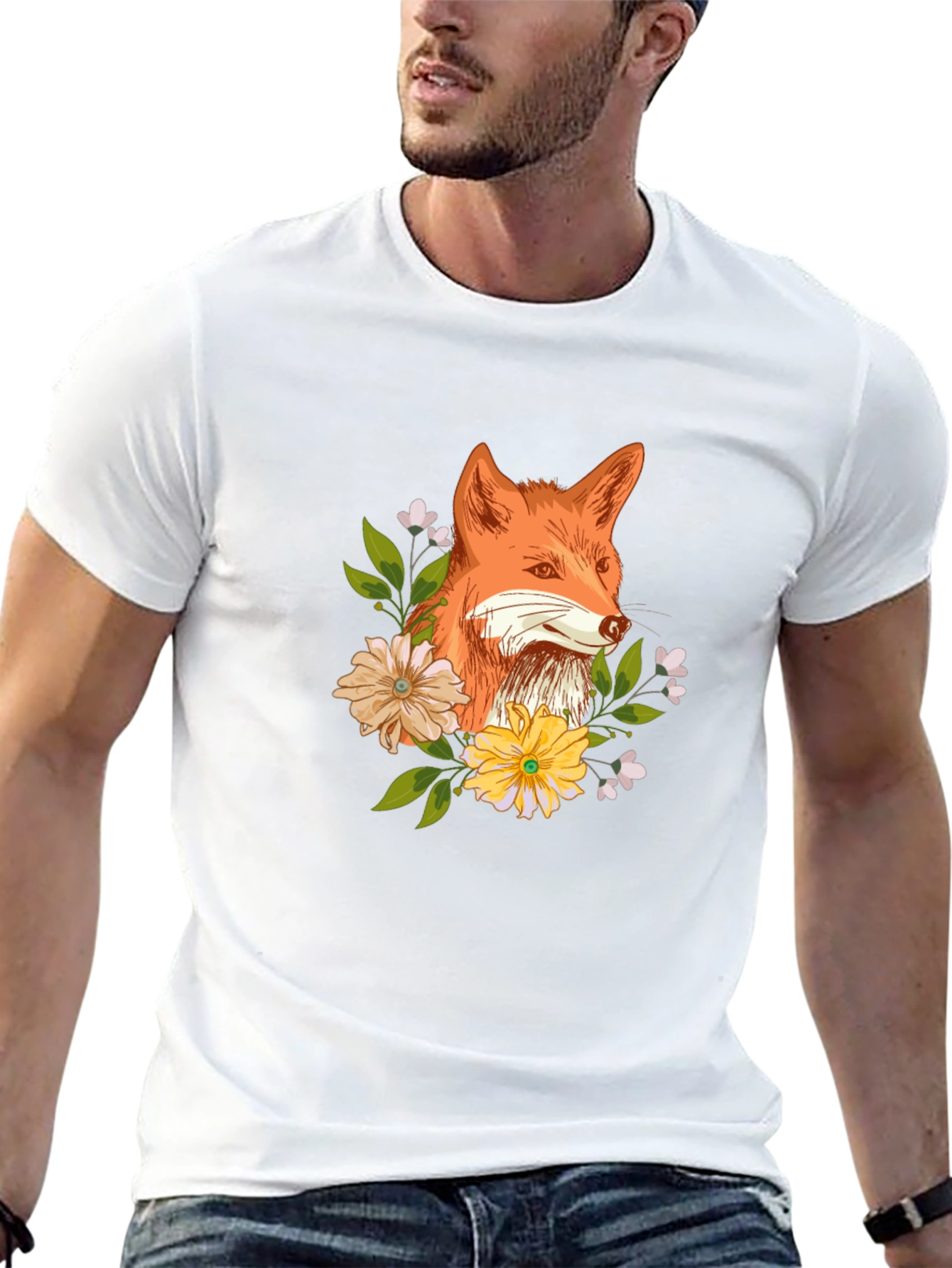 Fox and Floral Design Black T-Shirt