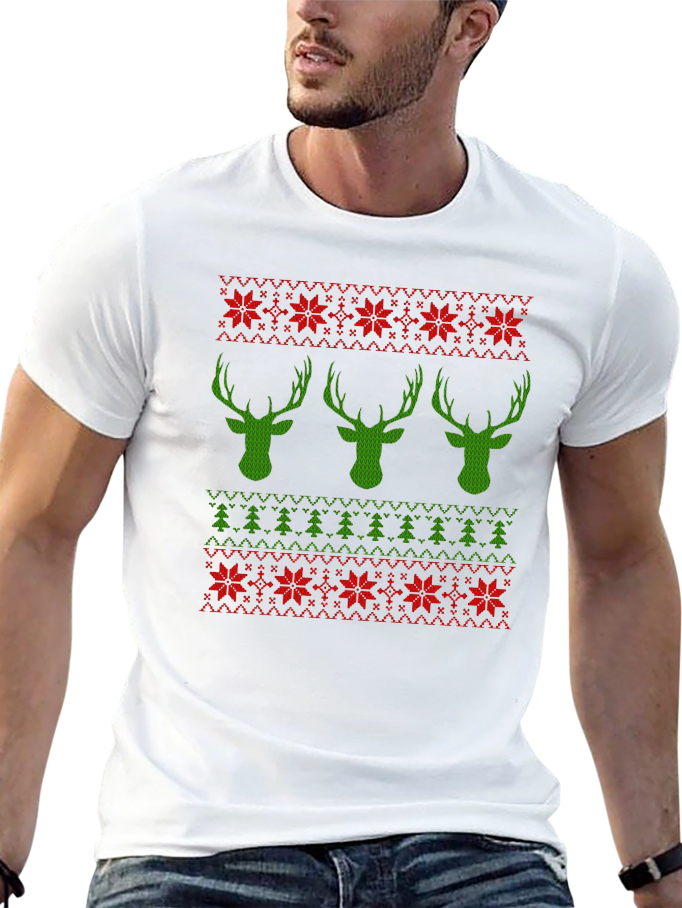 Ugly Christmas Sweater T-Shirt with Deer and Trees