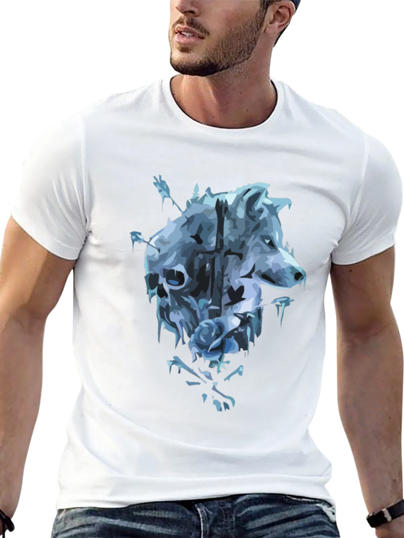 Wolf Skull Rose Graphic T-Shirt - Mens Black Tee