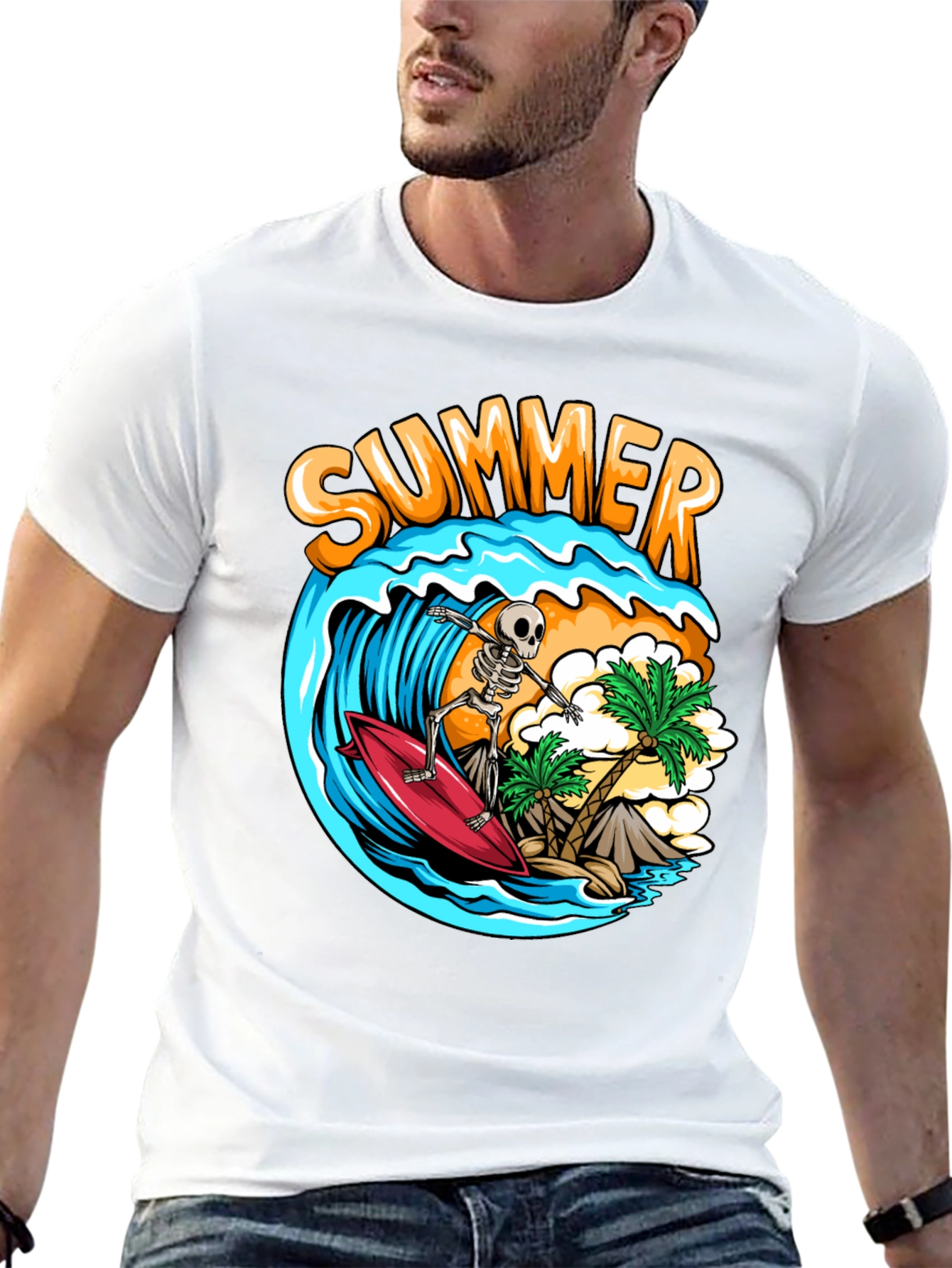Summer Skeleton Surfing Graphic T-Shirt