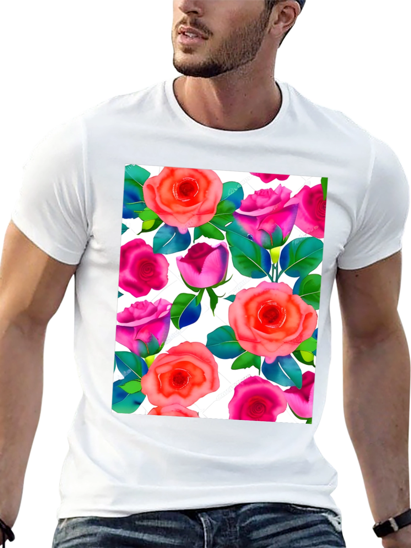 Floral Print T-Shirt - Vibrant Rose Pattern