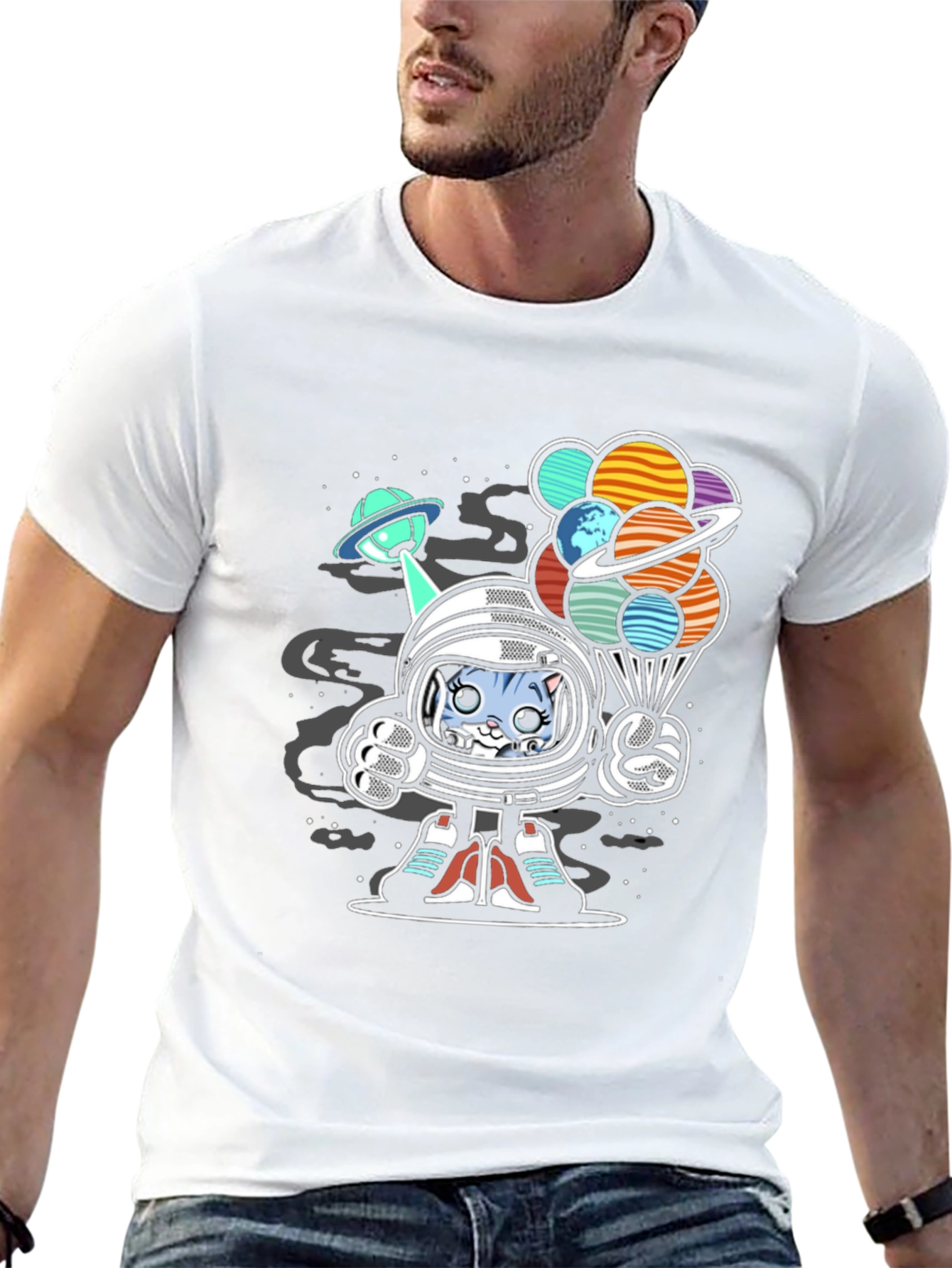 Astronaut Cat Planet Balloons Graphic Tee