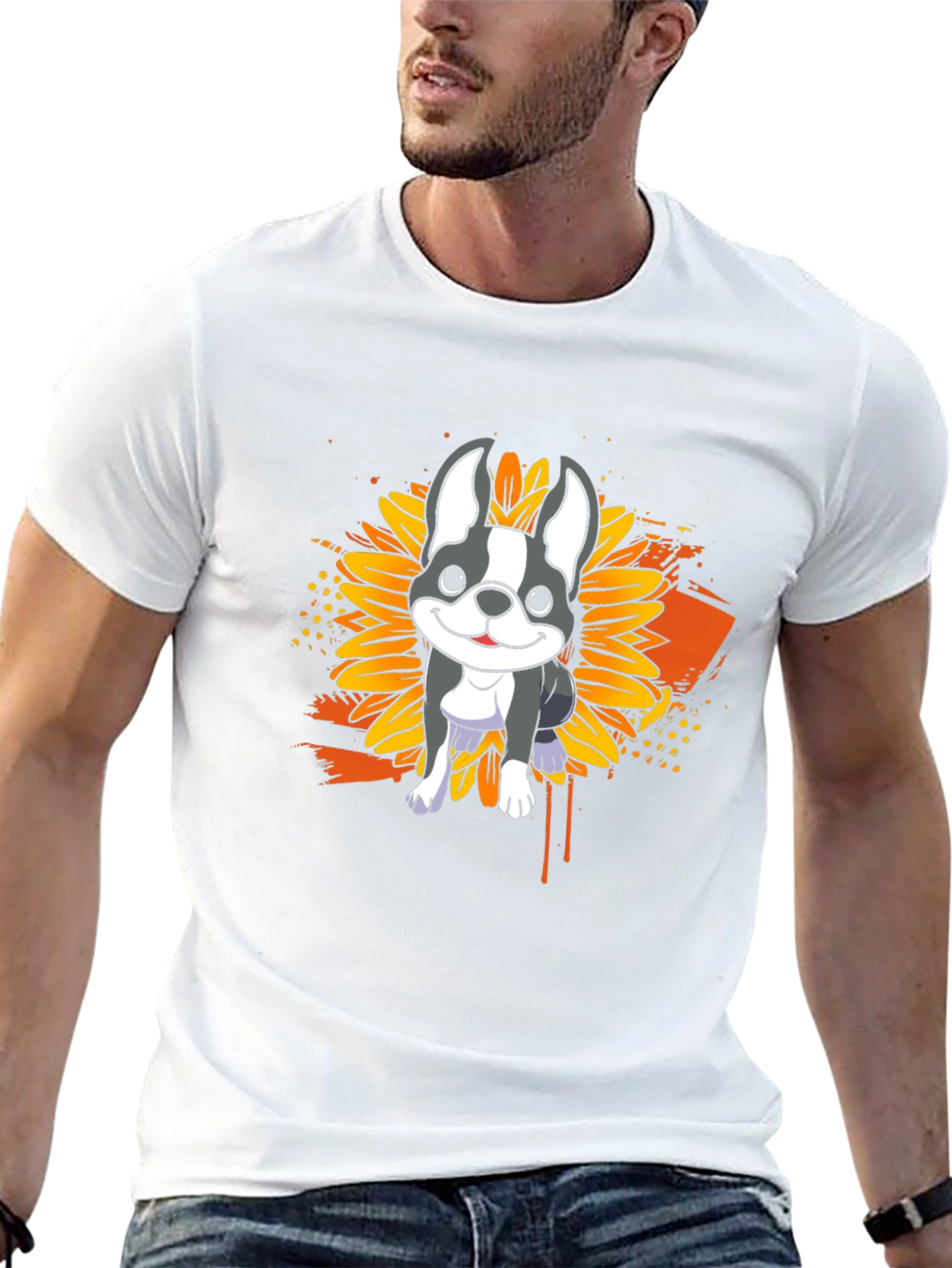 Dog Sunflower Graphic T-Shirt - Casual Black Tee