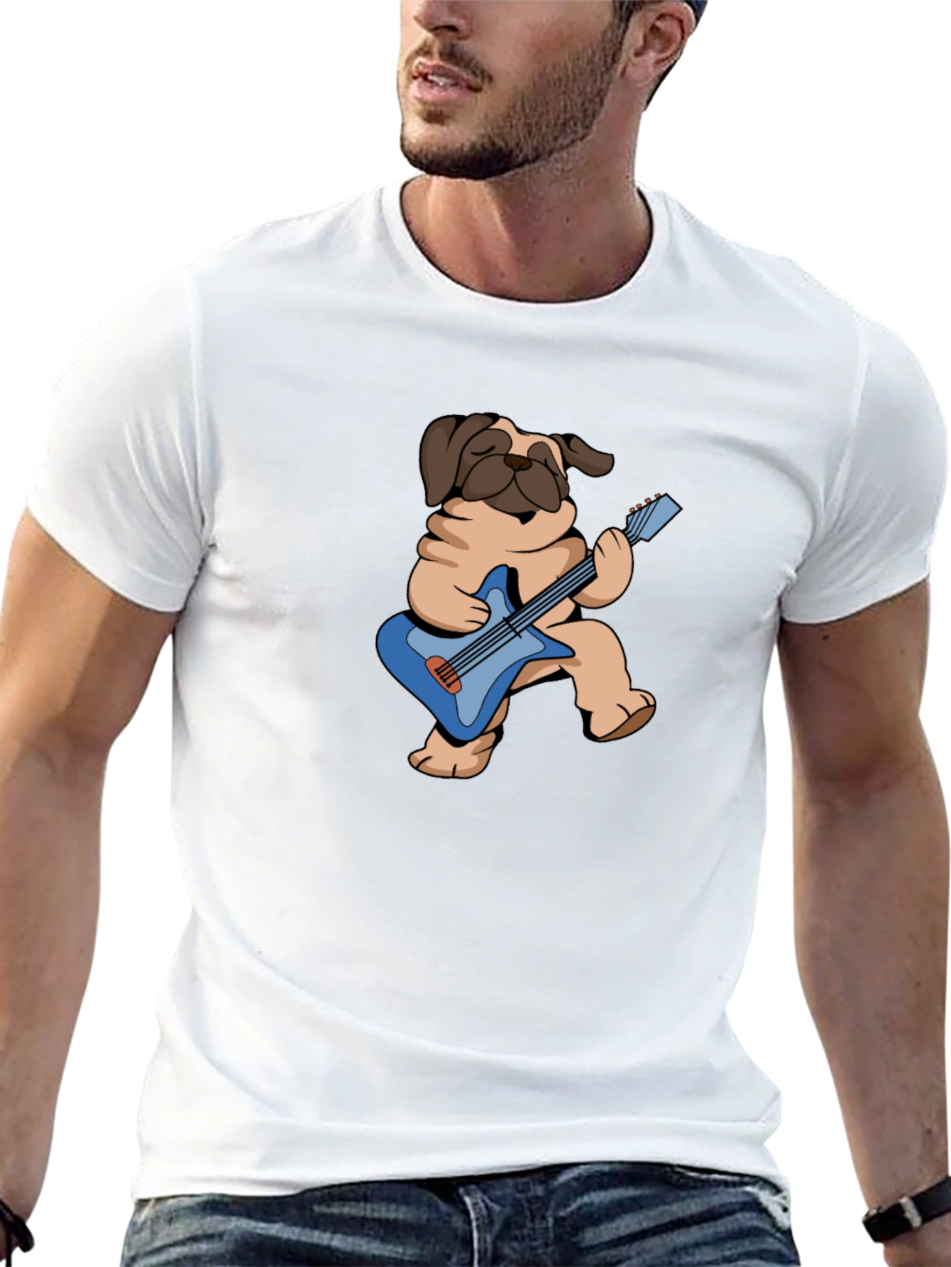Pug Guitarist Graphic Tee - Black Cotton T-Shirt