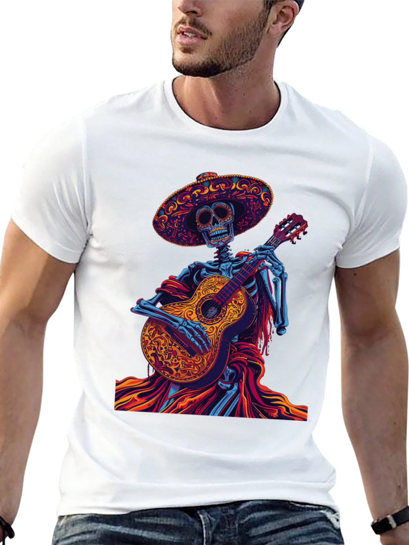 Day of the Dead Skeleton Guitarist Graphic Tee