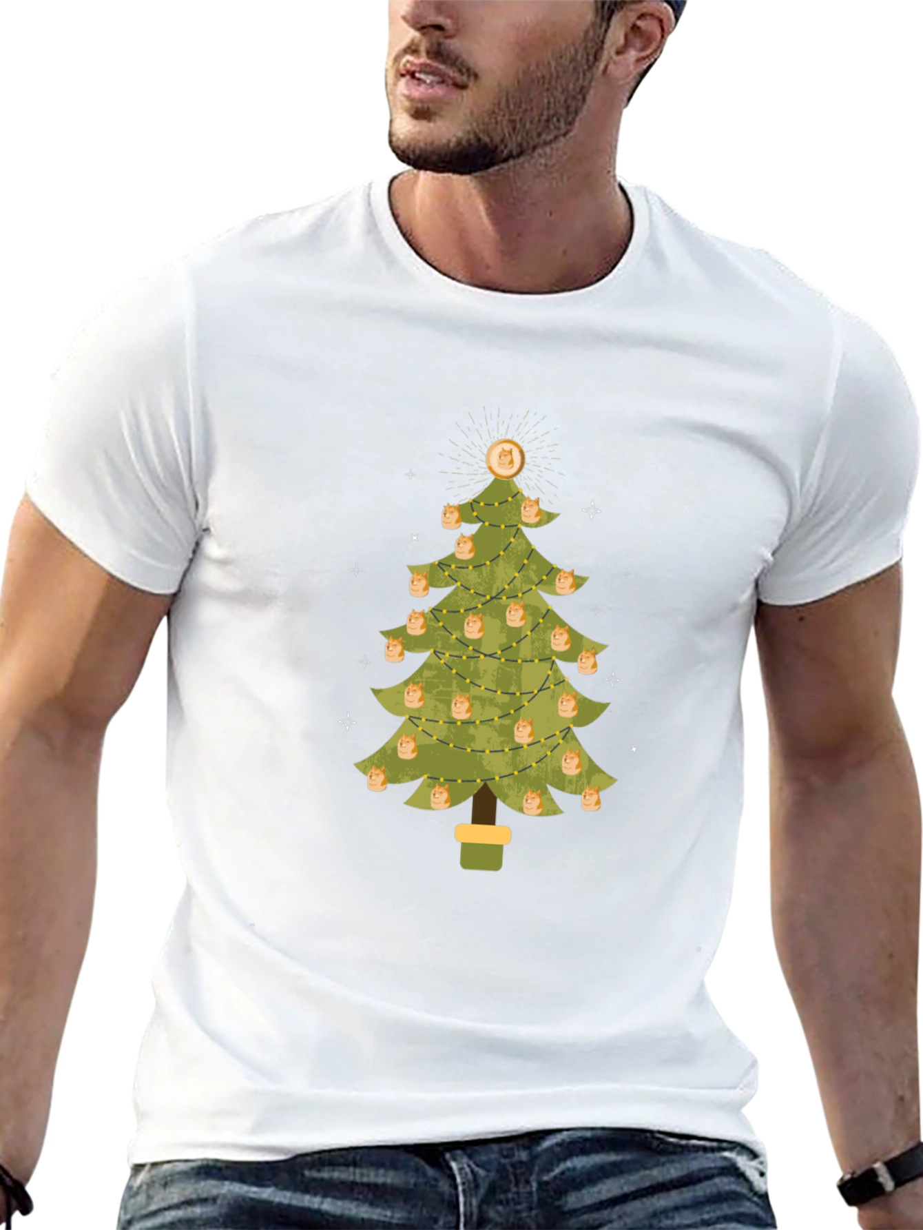 Dogecoin Christmas Tree Graphic Tee - Holiday Crypto Shirt