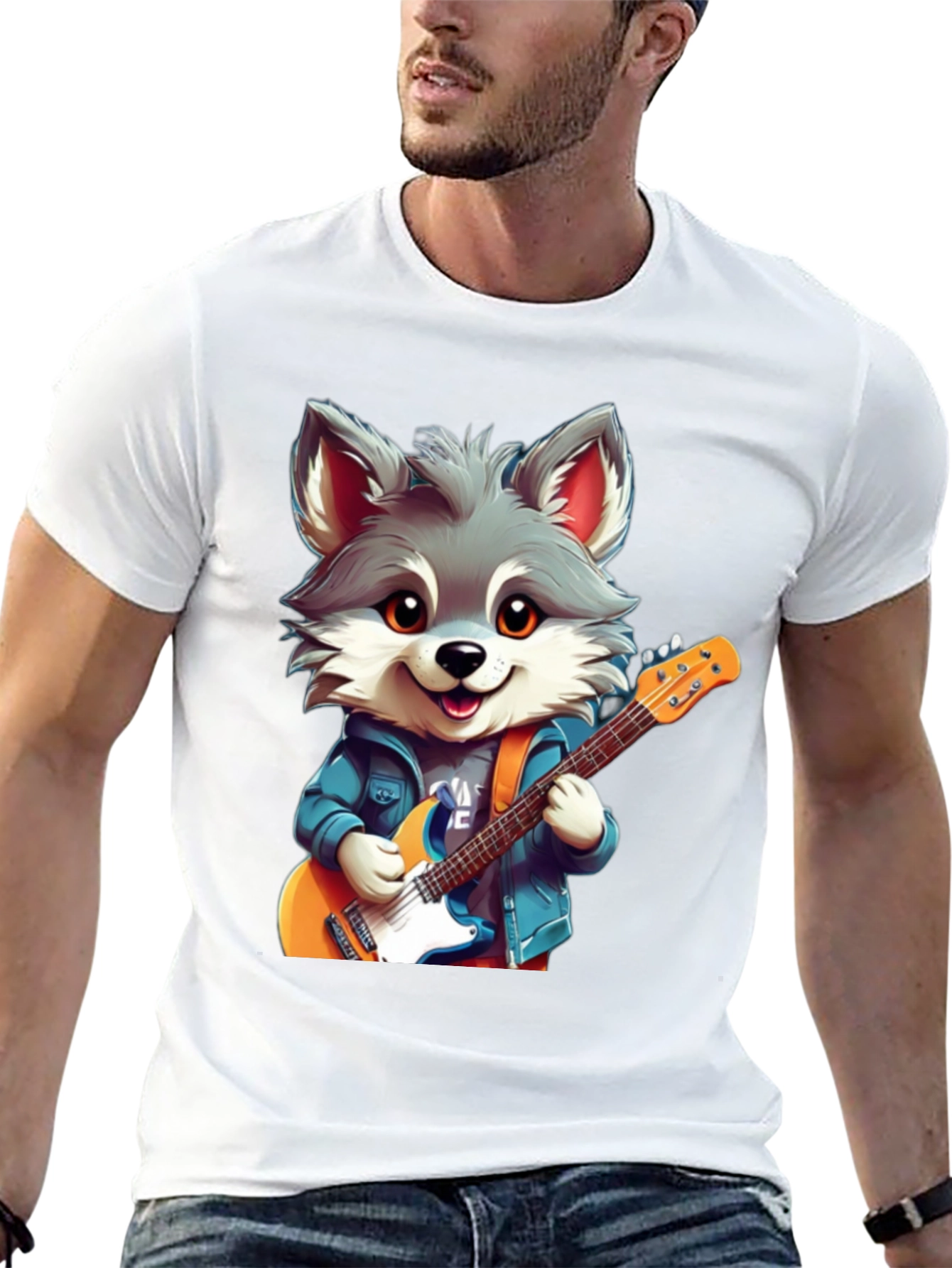 Cute Cartoon Wolf Guitarist Graphic Tee