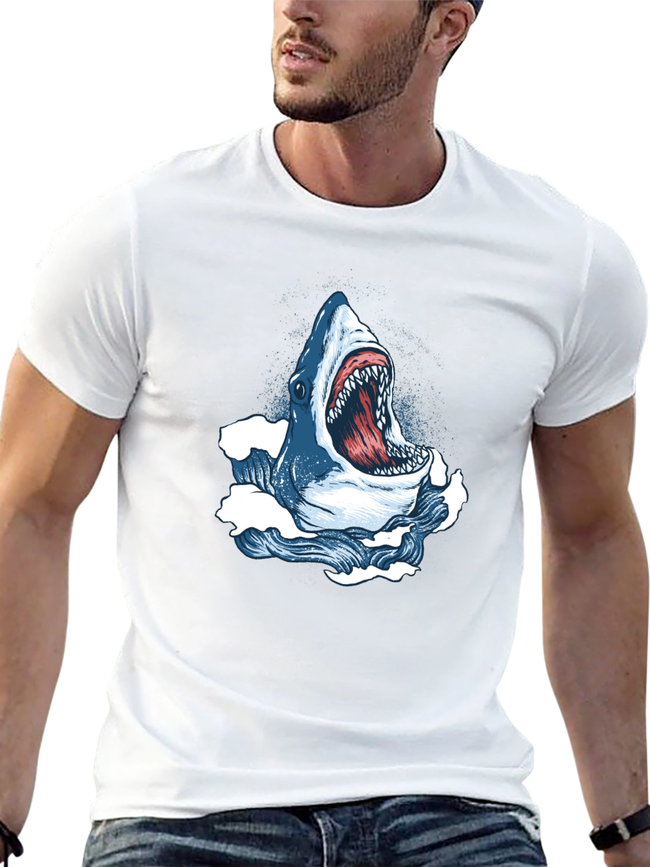 Shark Attack Graphic Tee - Bold Black Cotton T-Shirt