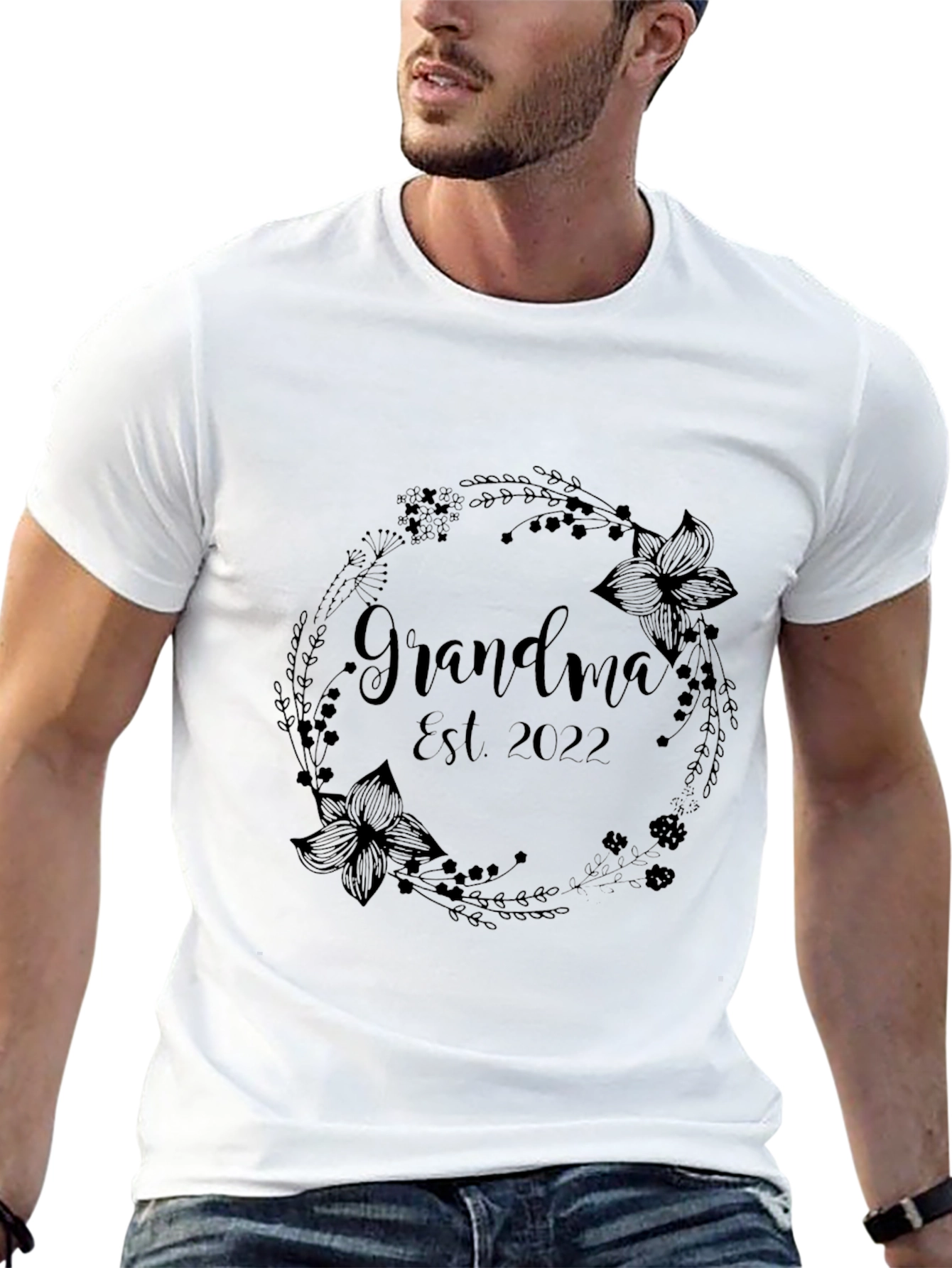 Grandma Est. 2022 Floral Wreath Graphic T-Shirt