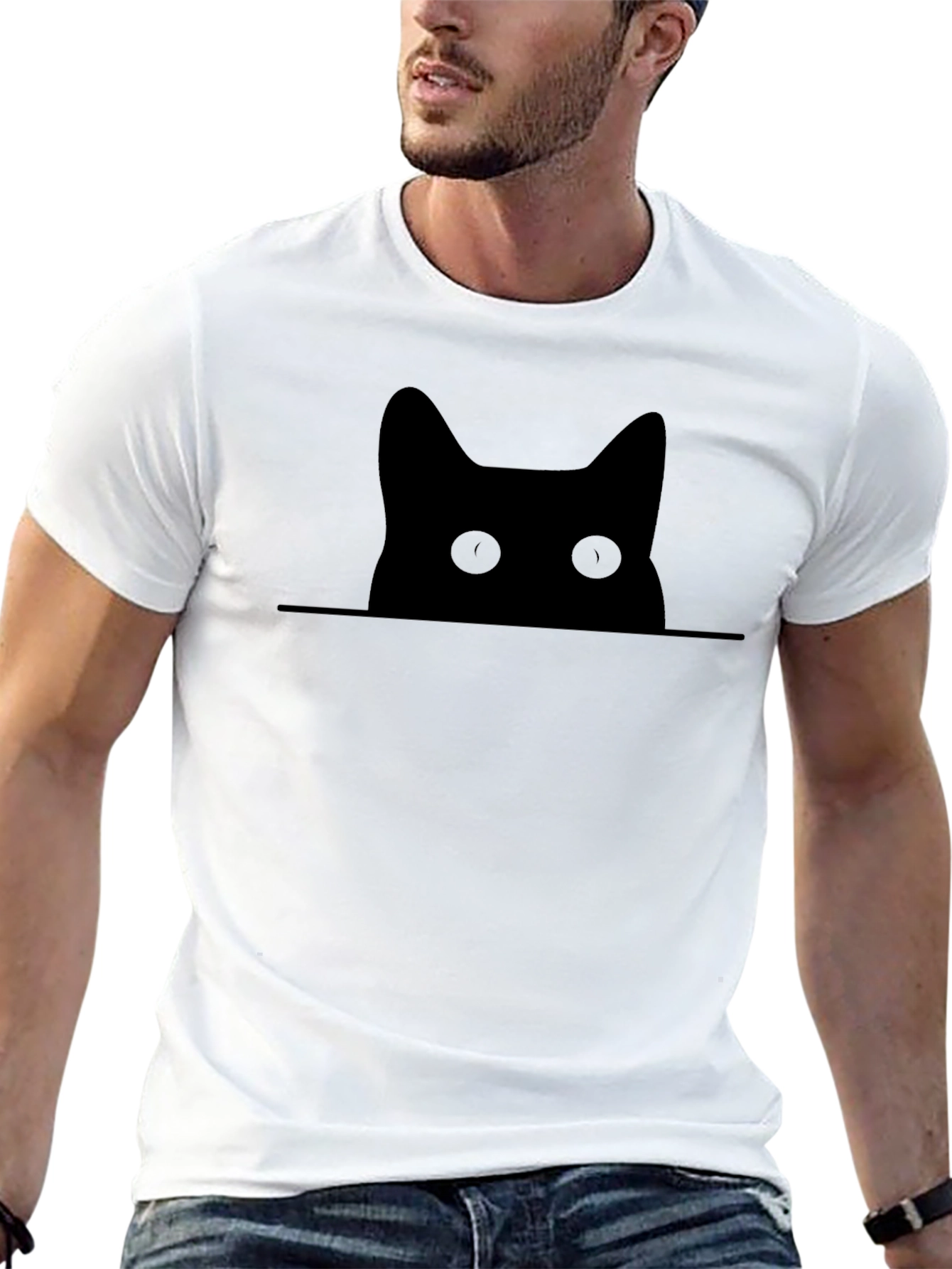 Peeking Cat Graphic Tee - Black Cotton Blend