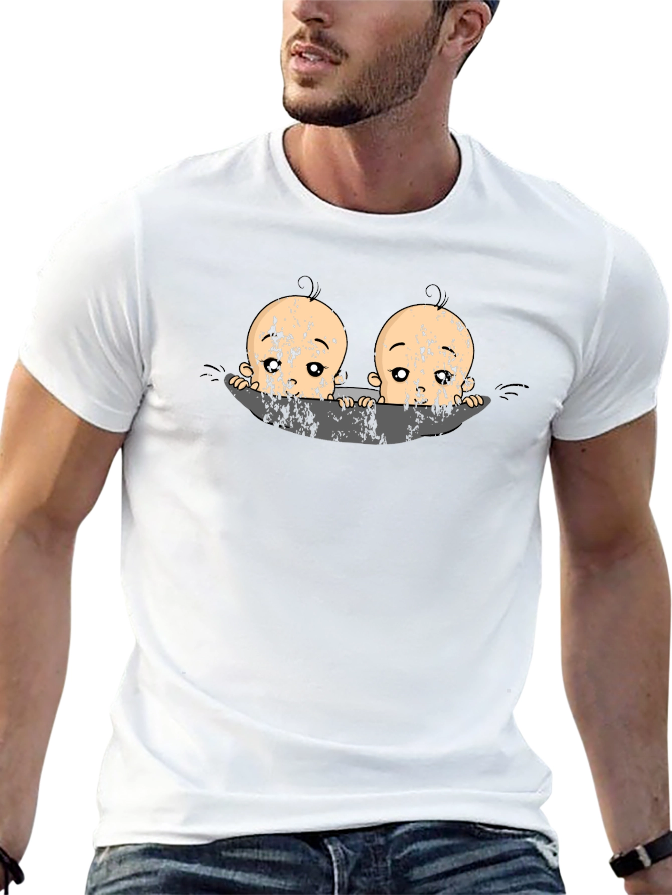 Twin Babies Graphic Print Black T-Shirt
