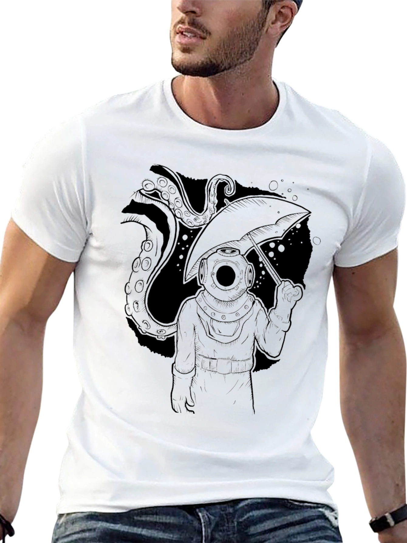 Diver & Octopus Black T-Shirt