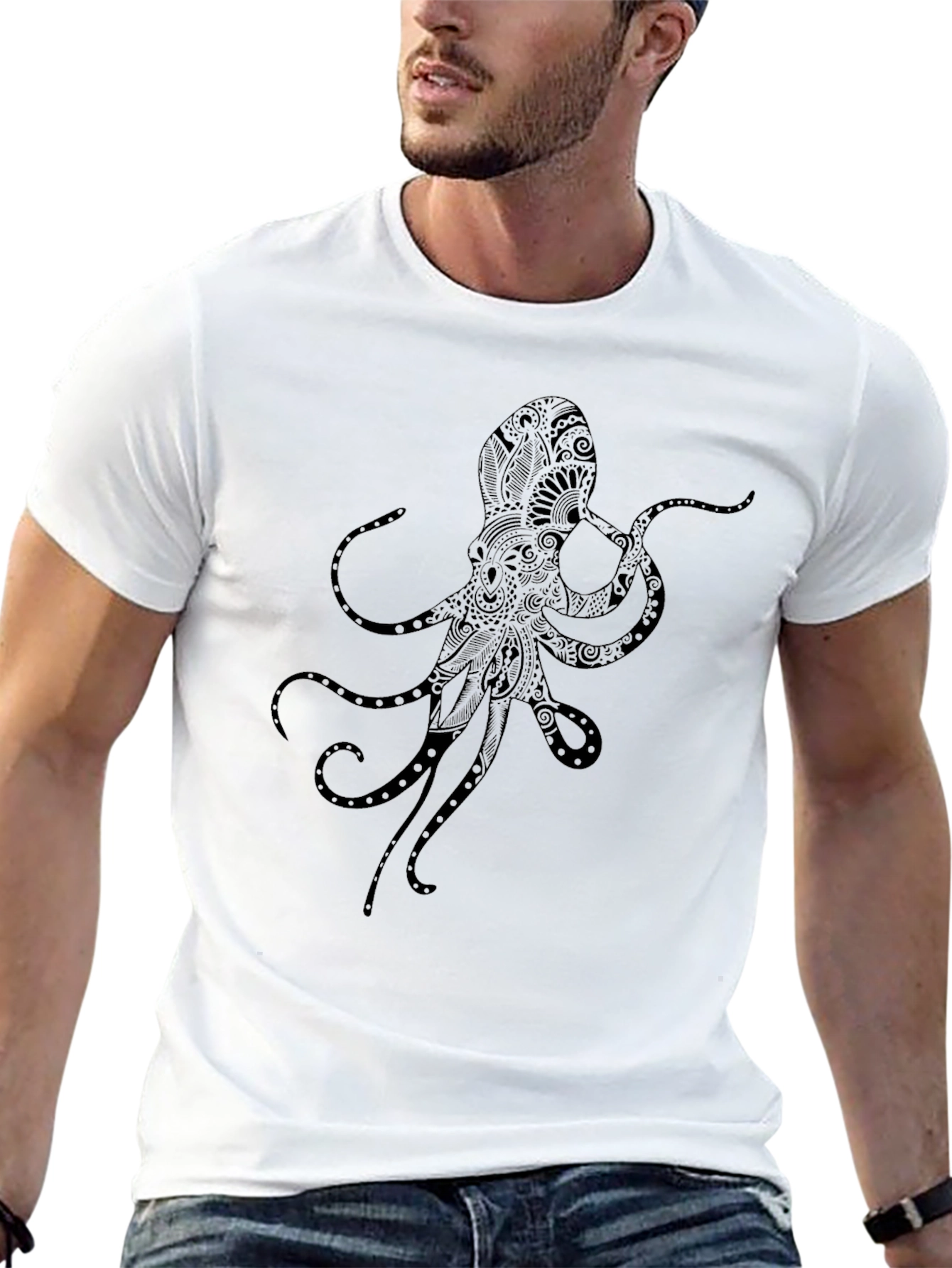 Black Octopus Print Crew Neck Tee