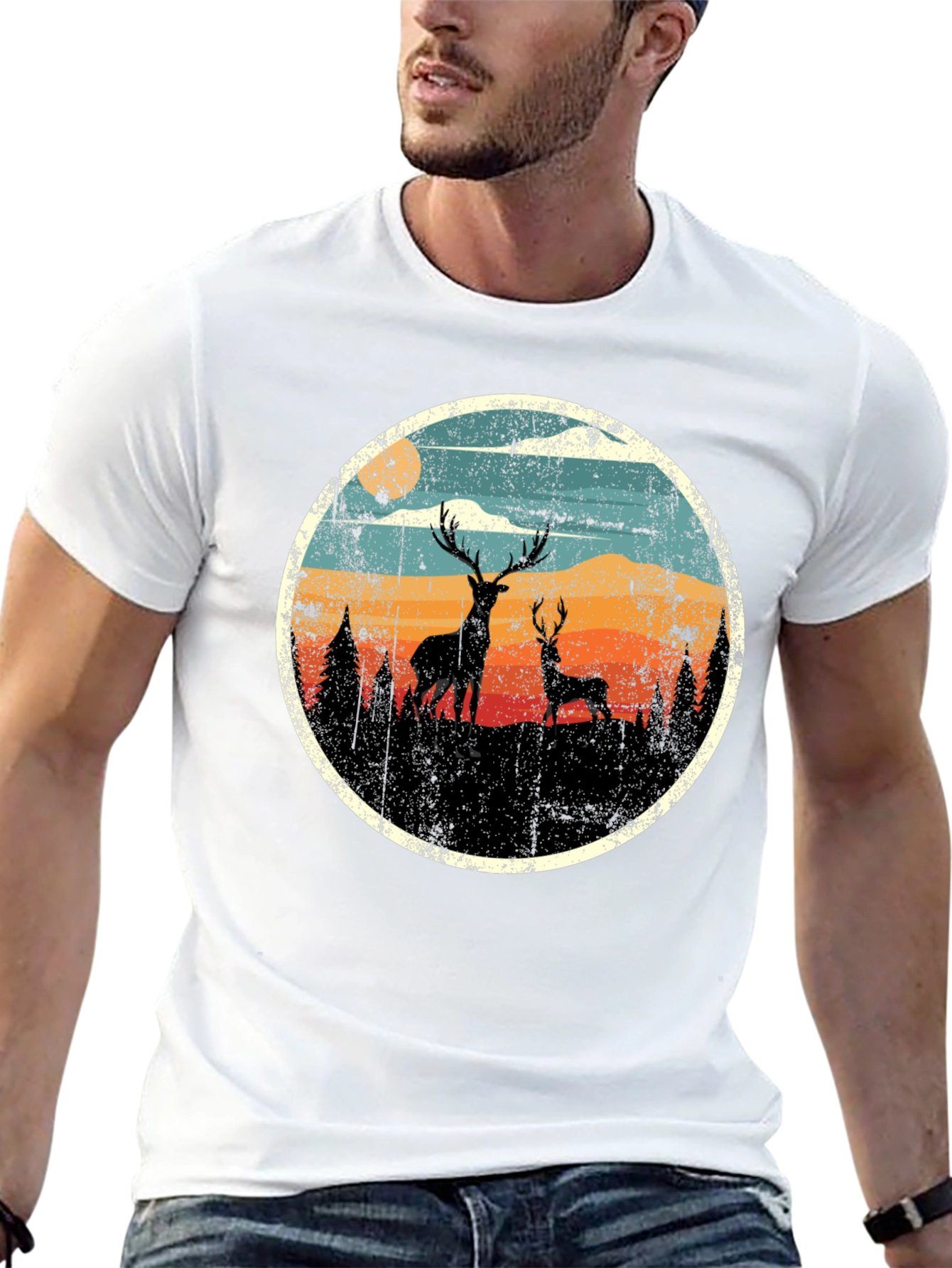 Deer Silhouette Graphic Print Black T-Shirt