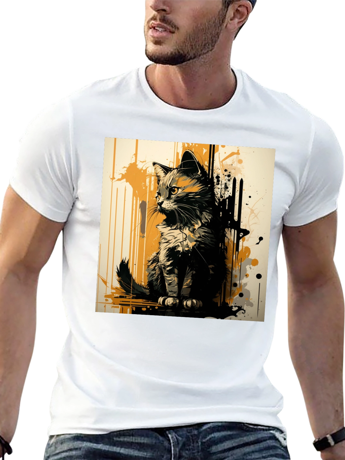 Abstract Cat Graphic Print Black T-Shirt