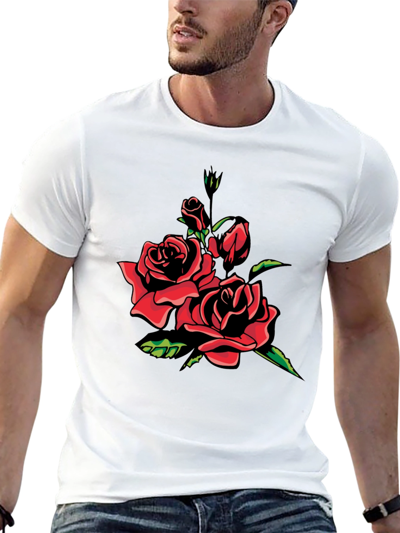 Black T-Shirt with Red Rose Graphic