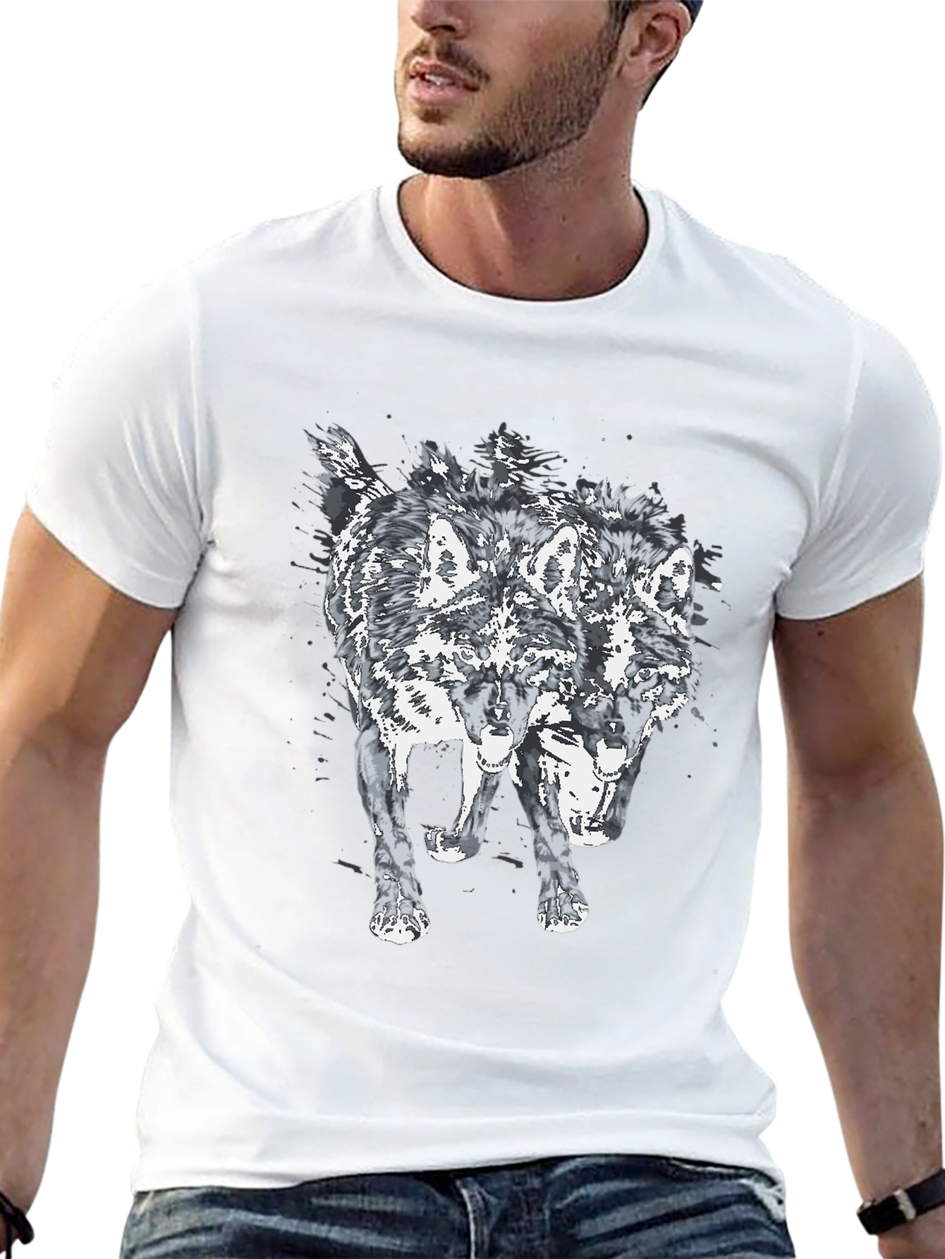Two Headed Wolf Graphic Print Black T-Shirt