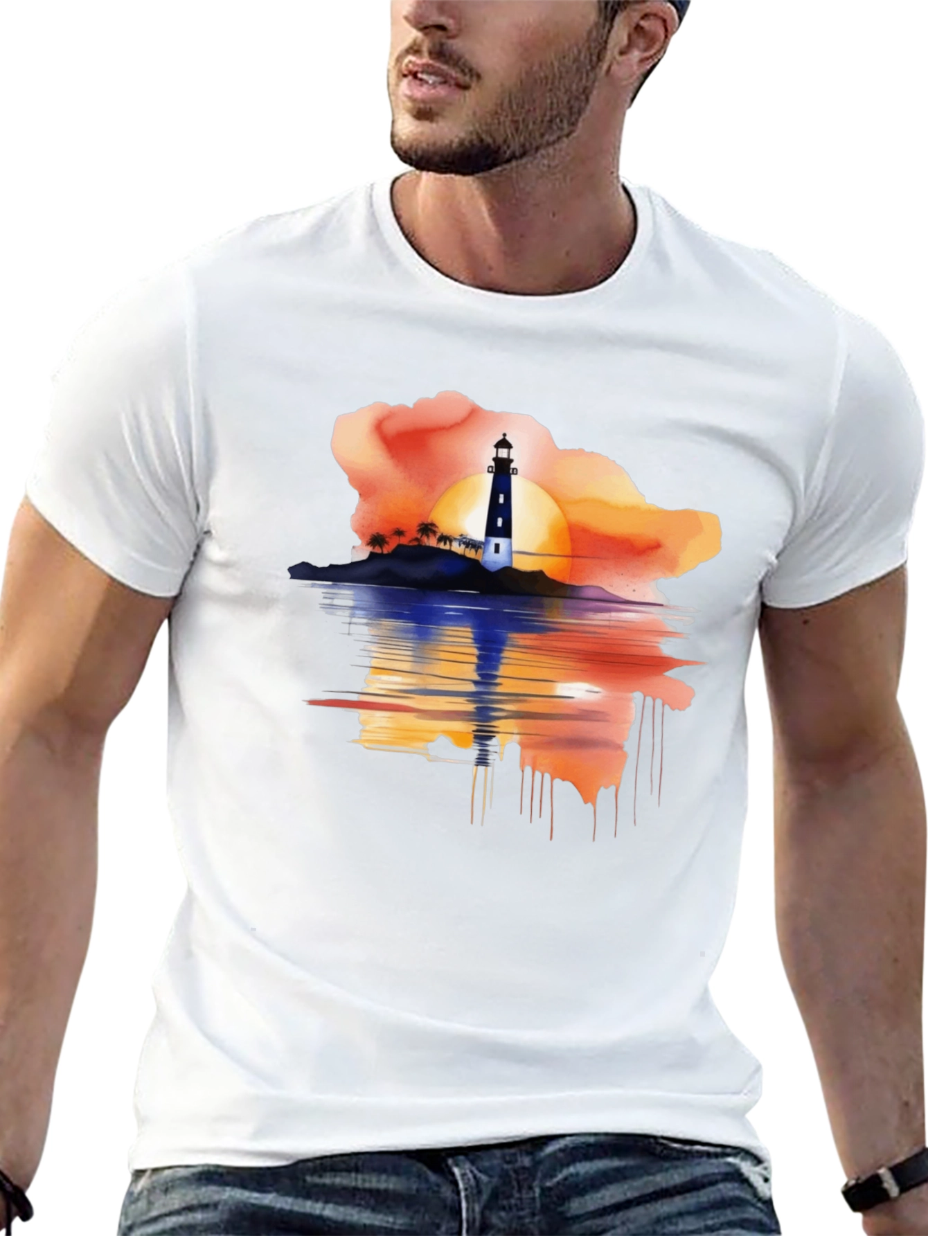 Sunset Lighthouse Graphic Tee - Black Casual T-Shirt