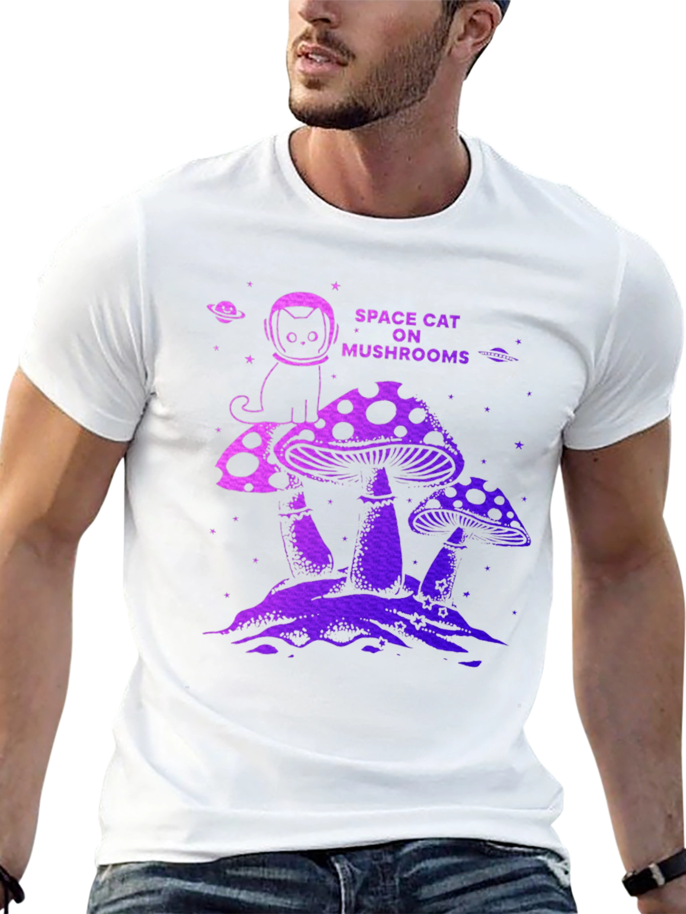 Space Cat on Mushrooms Graphic T-Shirt