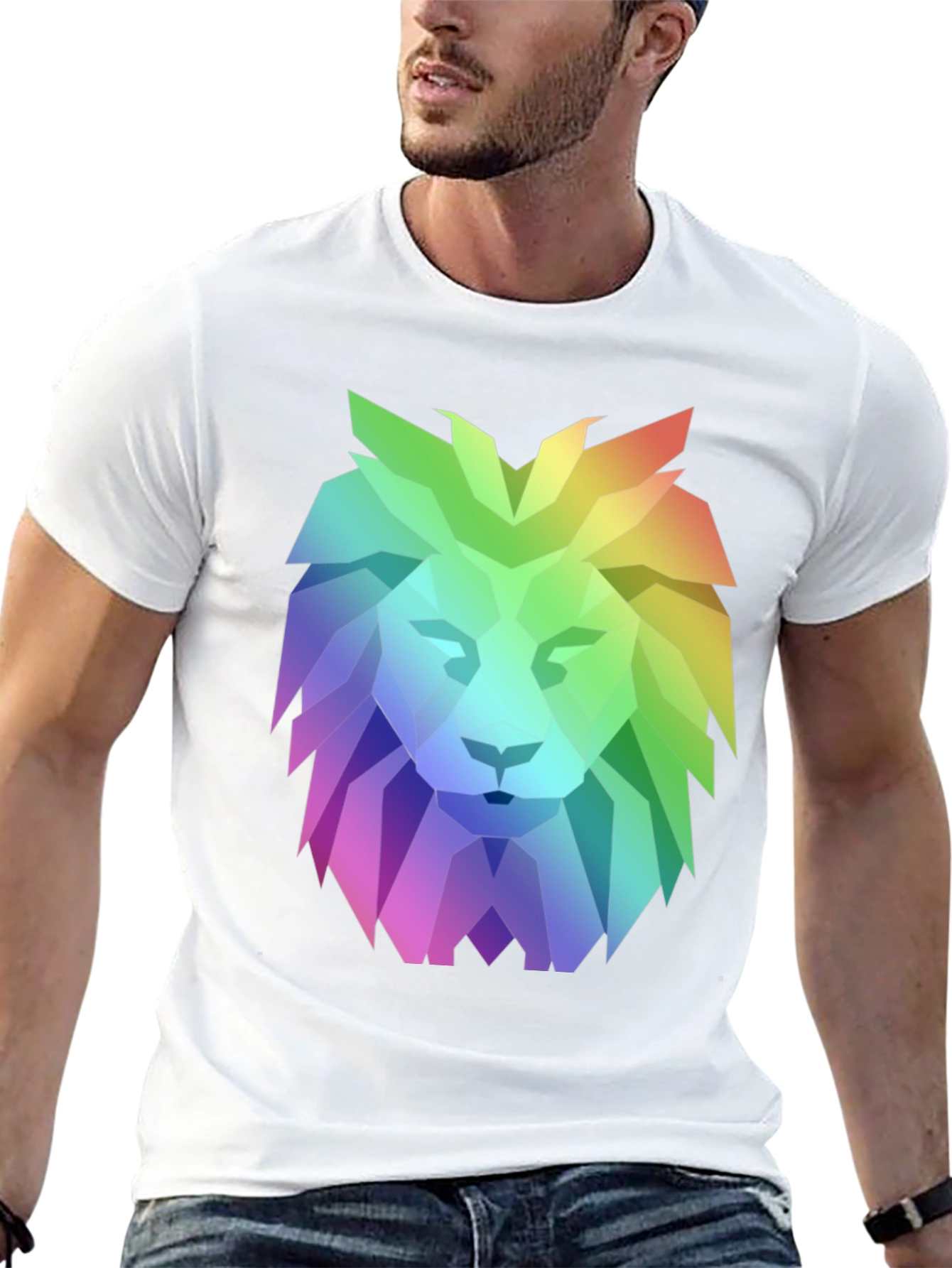 Geometric Lion Graphic Tee - Bold Rainbow Design