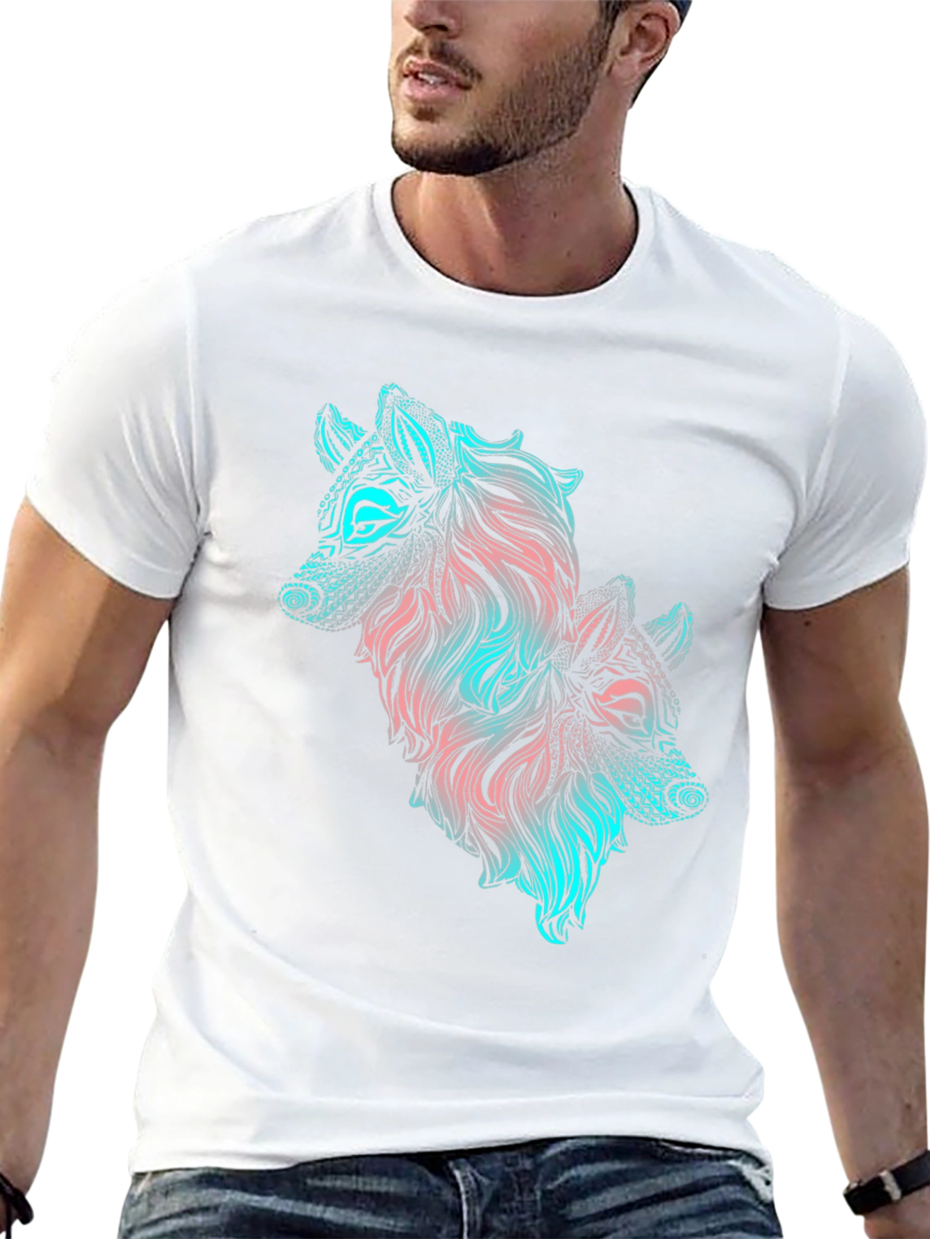 Two Wolves Graphic Print Black T-Shirt