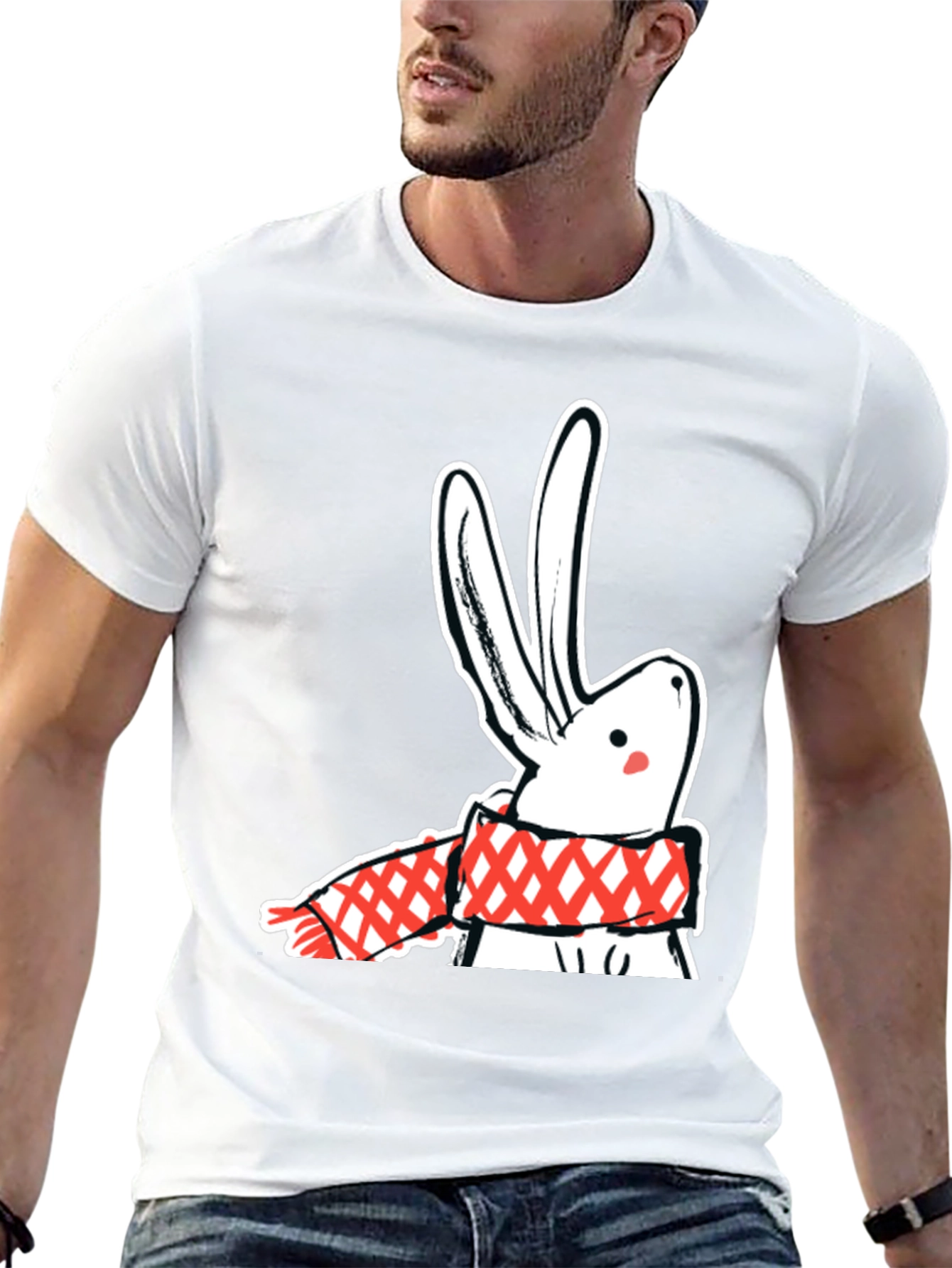 Black T-Shirt with Rabbit & Scarf Graphic