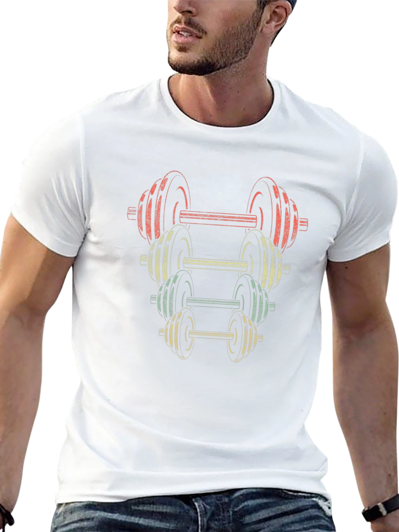 Retro Dumbbell Stack Graphic T-Shirt - Fitness Apparel
