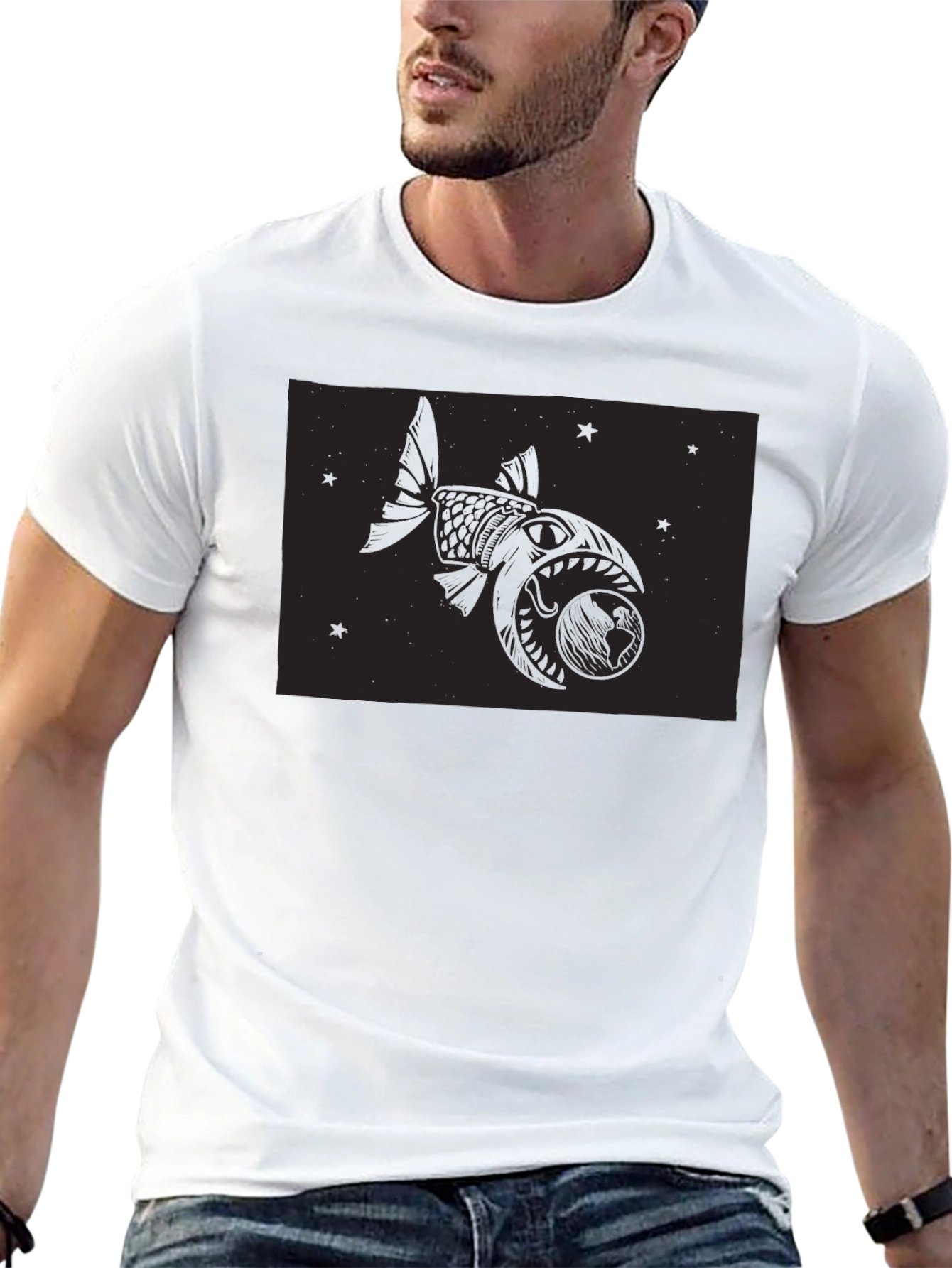 Black T-Shirt with Fish and Globe Graphic