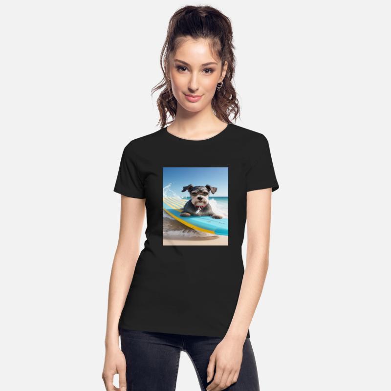 Schnauzer Surfing at Beach On A Surfboard