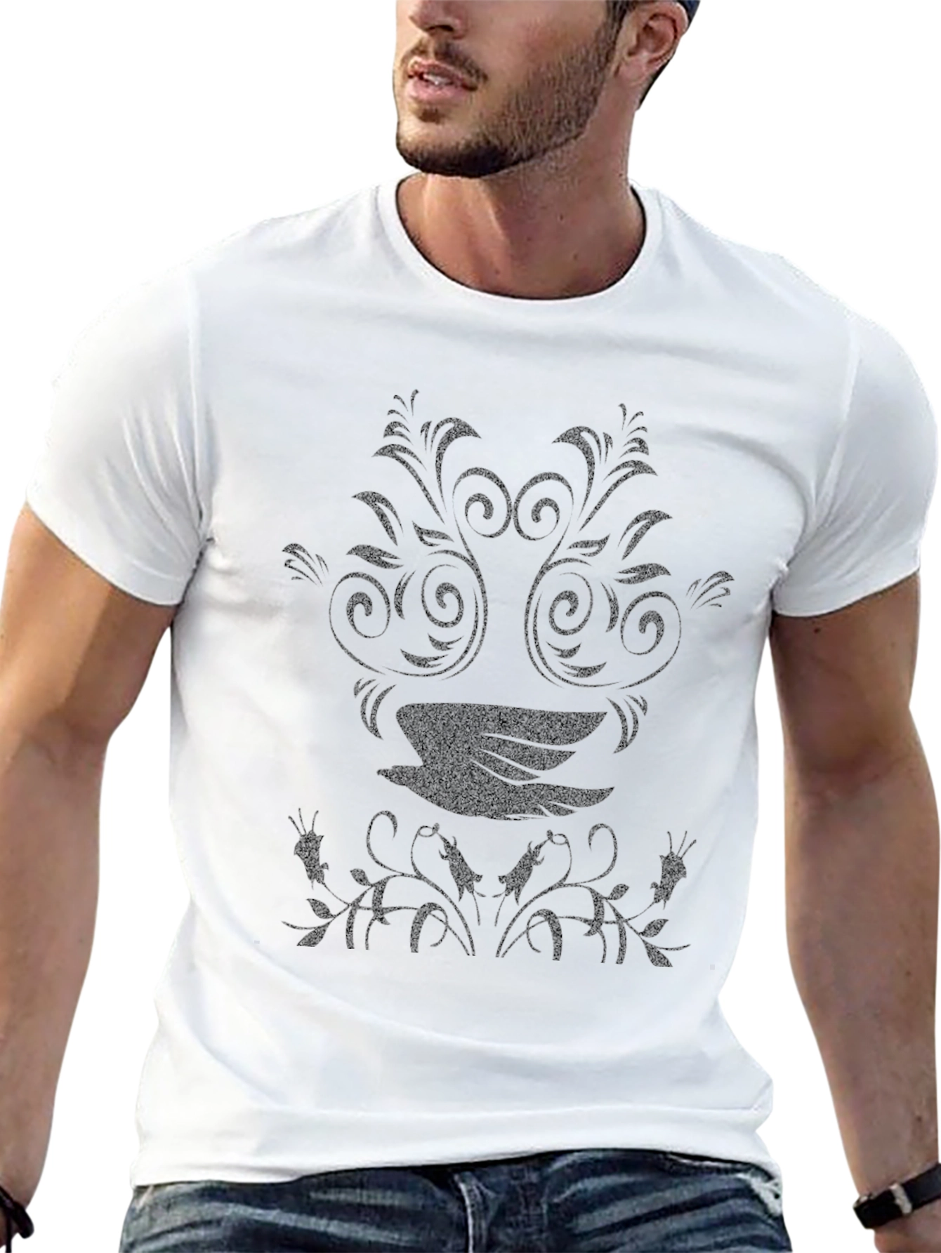 Black T-Shirt with Floral Bird Design