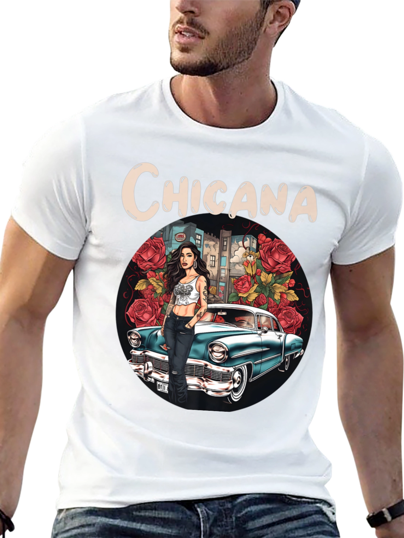 Chicana T-Shirt: Classic Car & Rose Design
