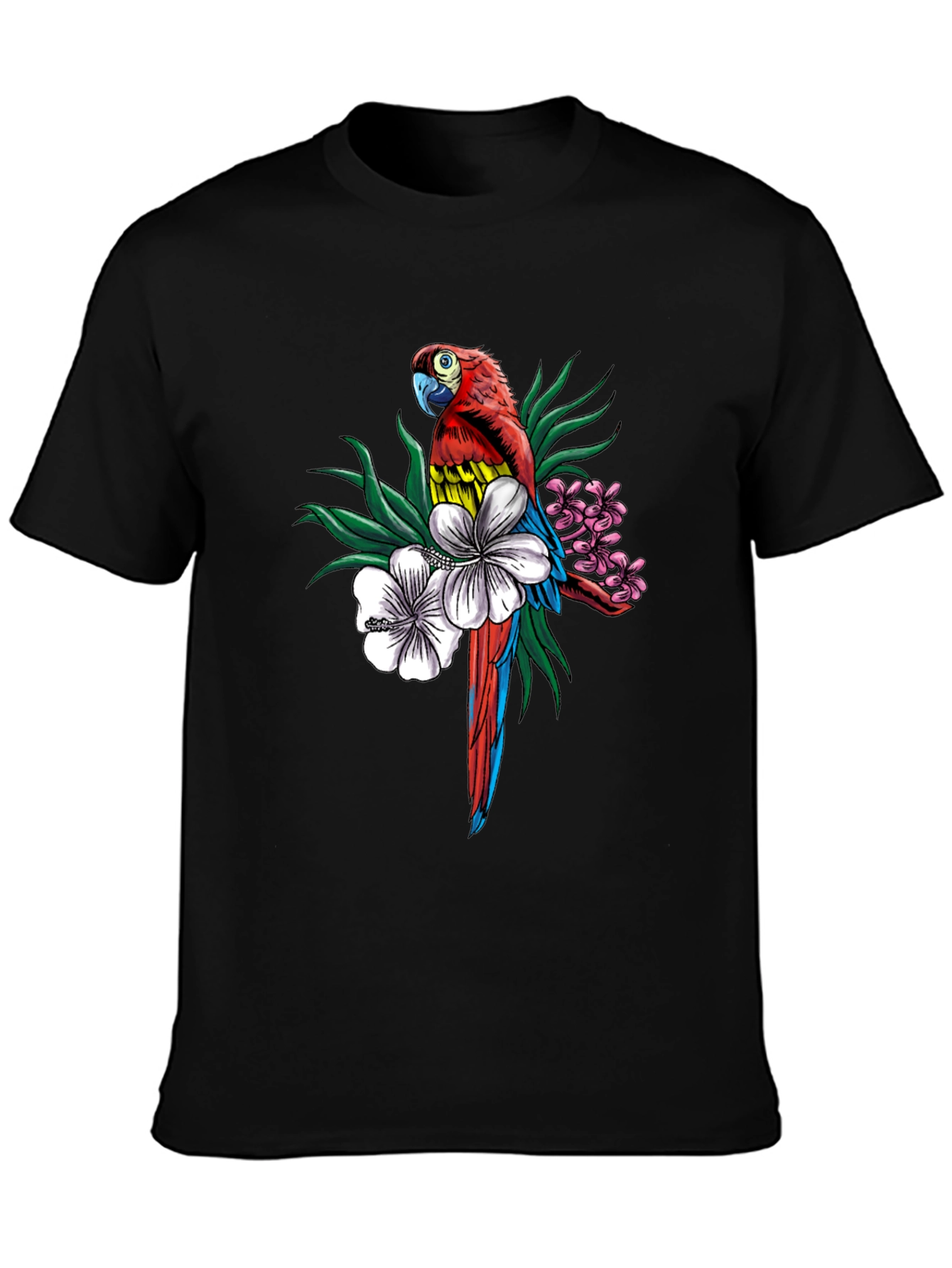 Tropical Parrot Graphic Tee - Mens Black T-Shirt