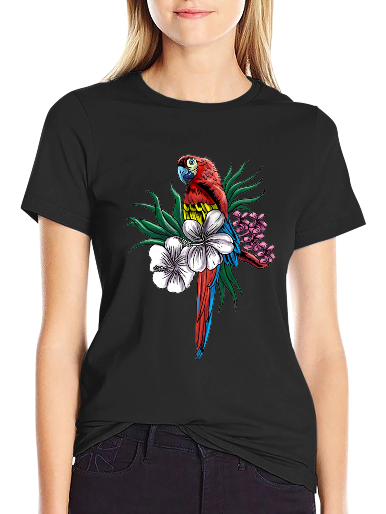 Tropical Parrot Graphic Tee - Mens Black T-Shirt