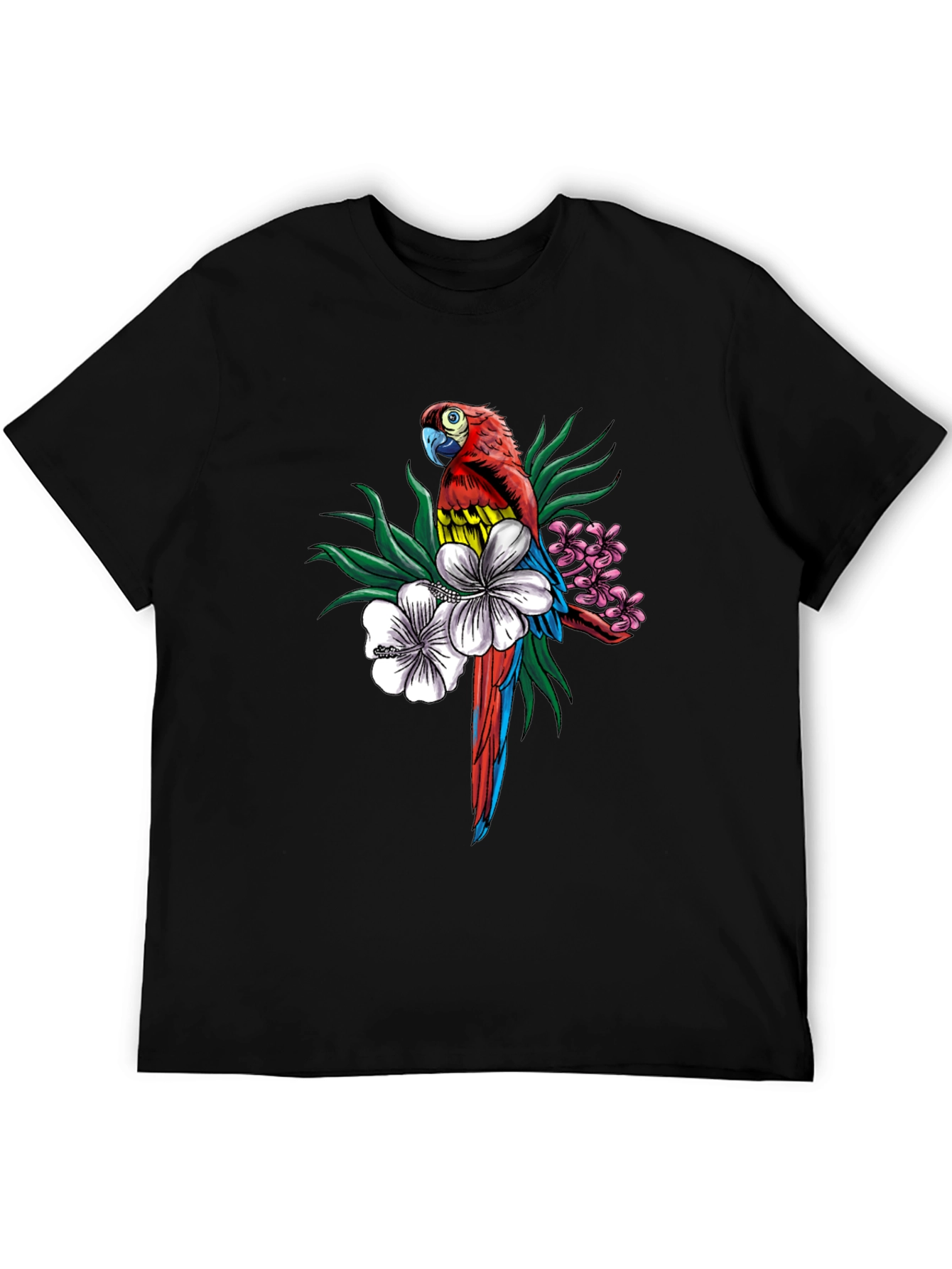 Tropical Parrot Graphic Tee - Mens Black T-Shirt