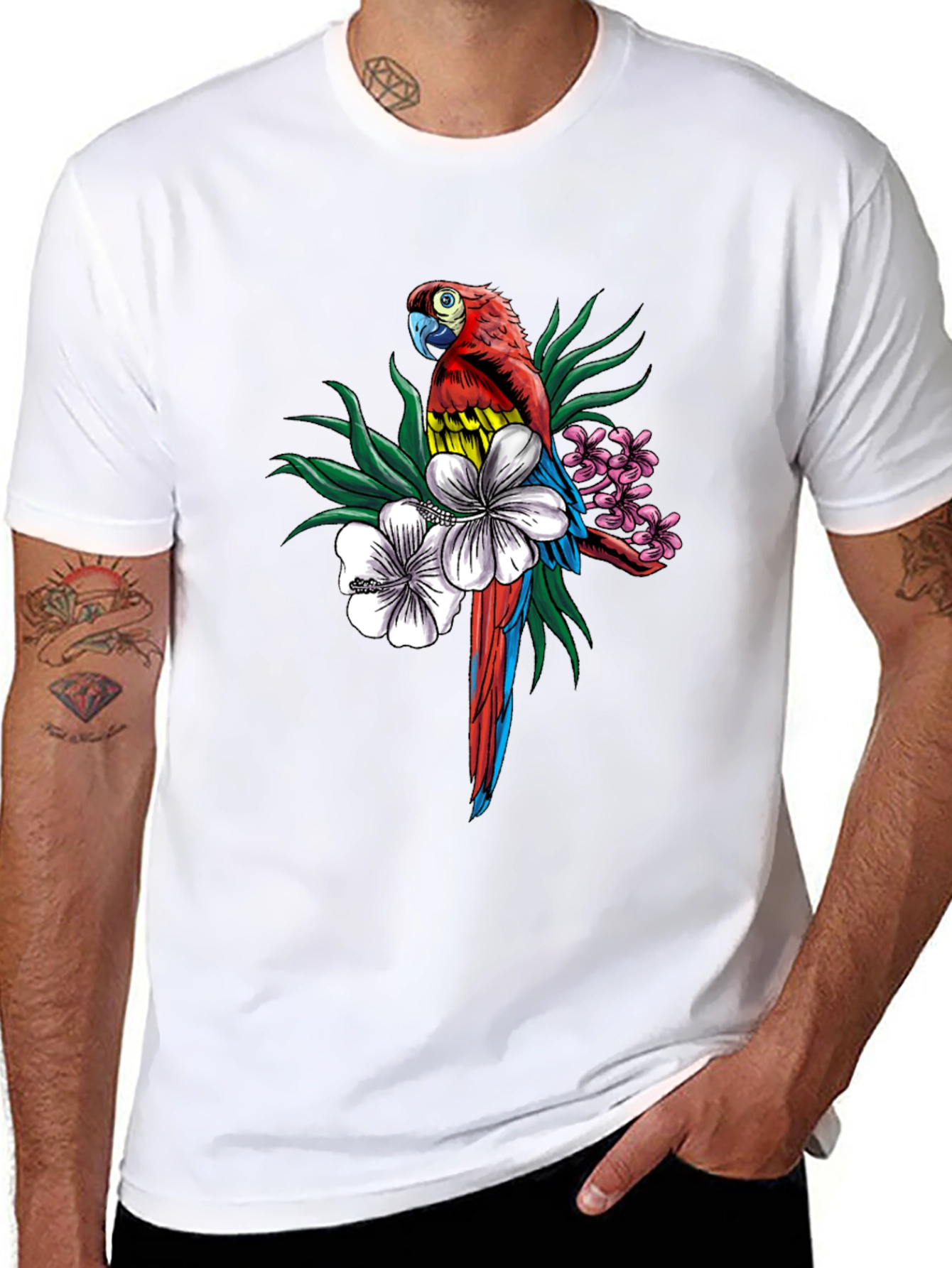 Tropical Parrot Graphic Tee - Mens Black T-Shirt
