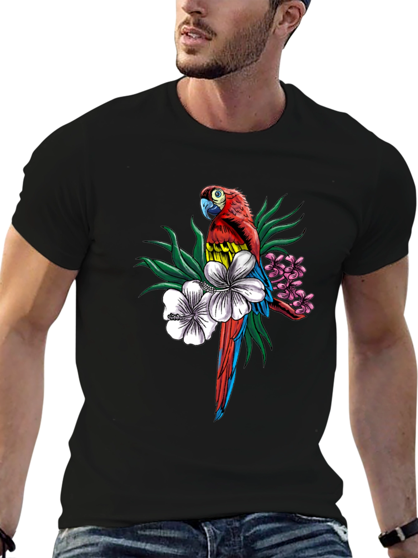 Tropical Parrot Graphic Tee - Mens Black T-Shirt