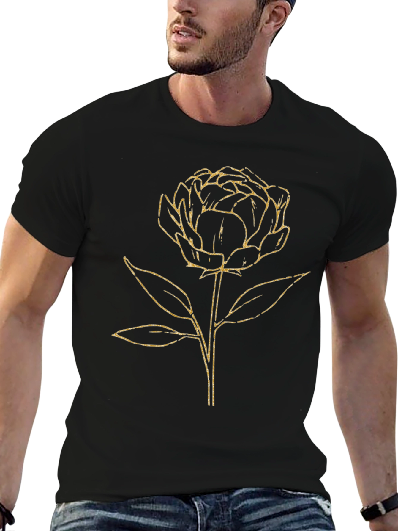 Floral Graphic Tee - Gold Flower on Black