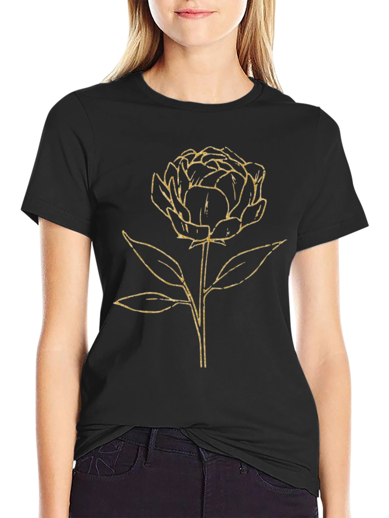 Floral Graphic Tee - Gold Flower on Black