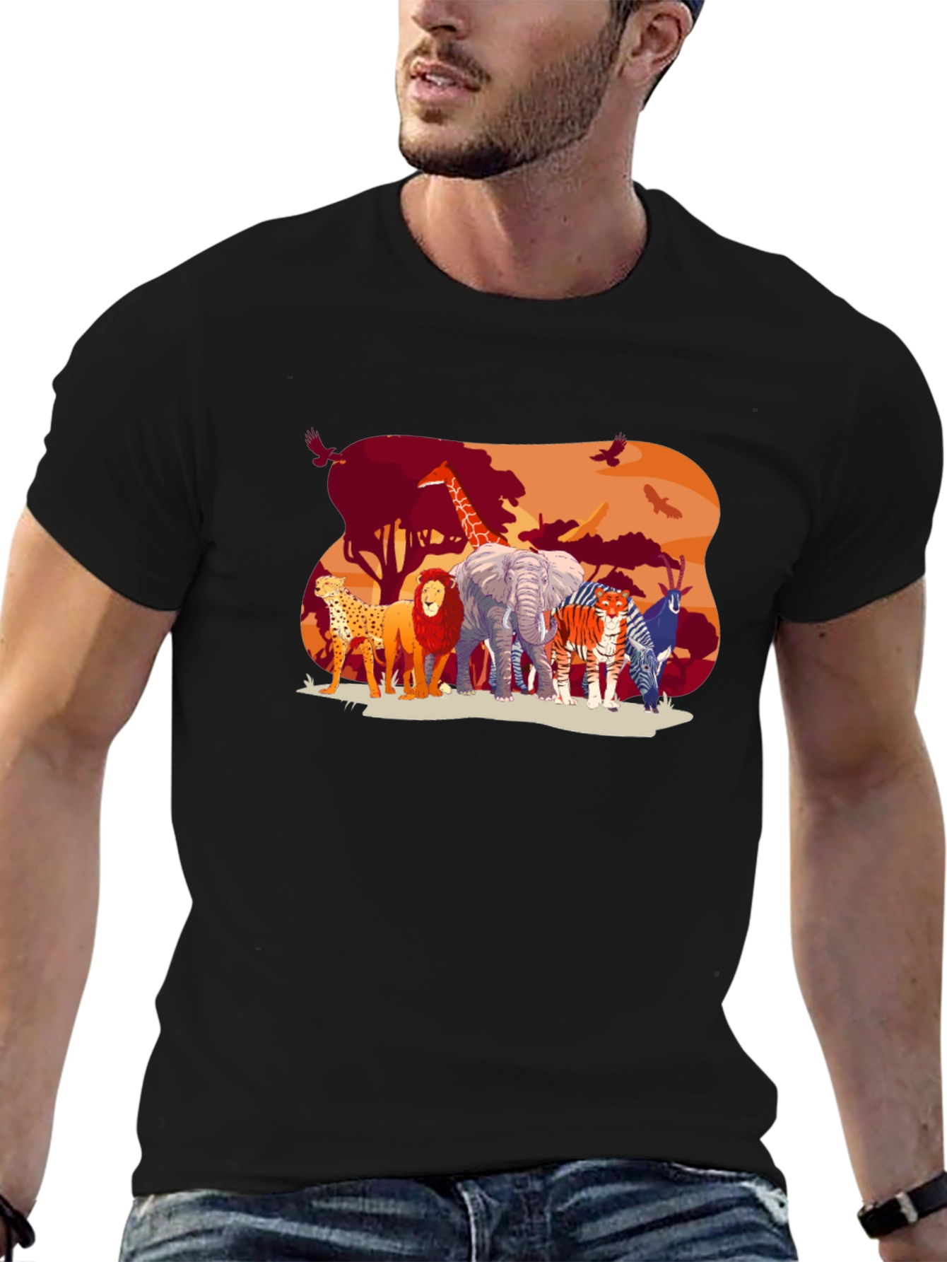 Wildlife Safari Graphic Tee - Black Cotton T-Shirt