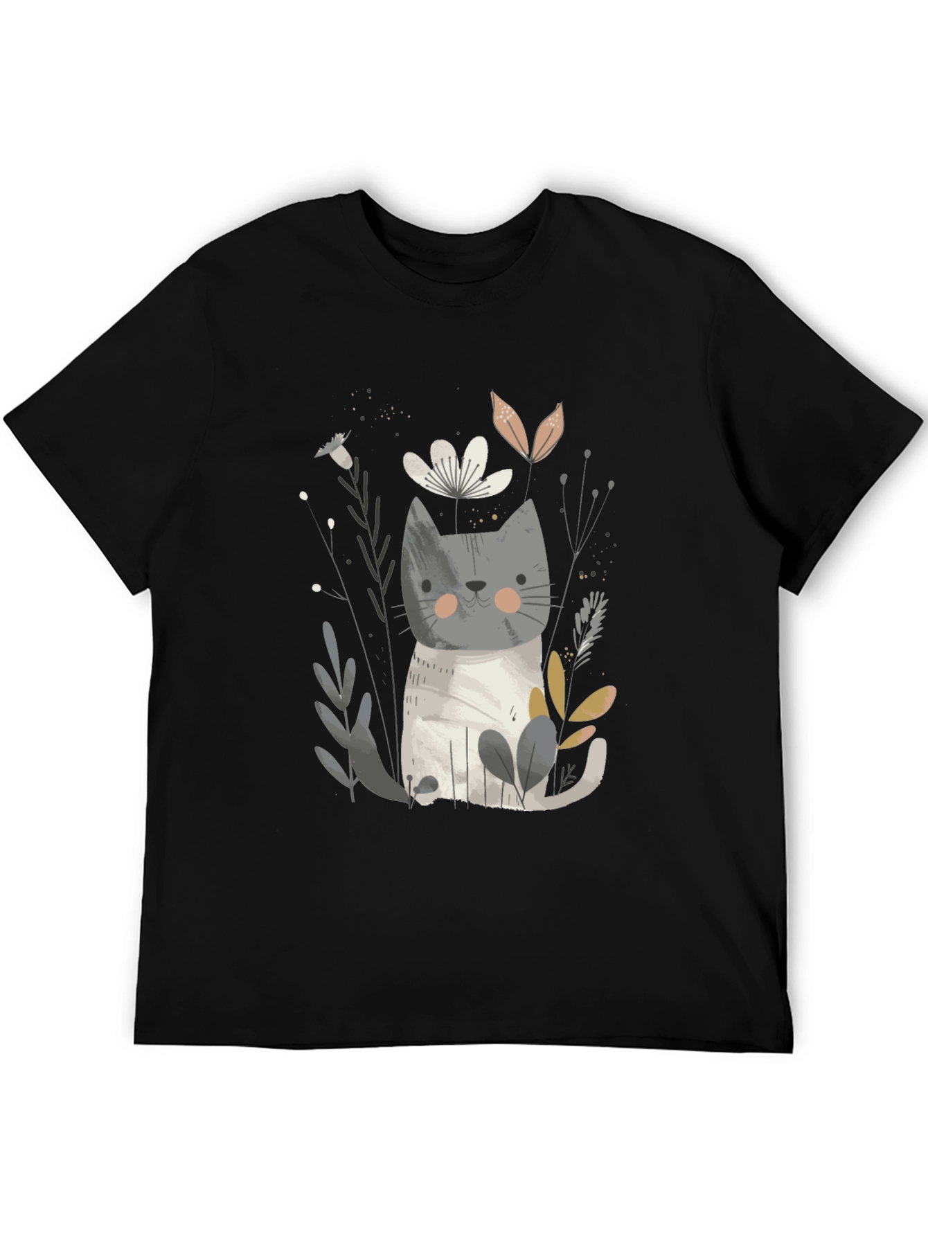 Cute Cat & Floral Graphic Black T-Shirt