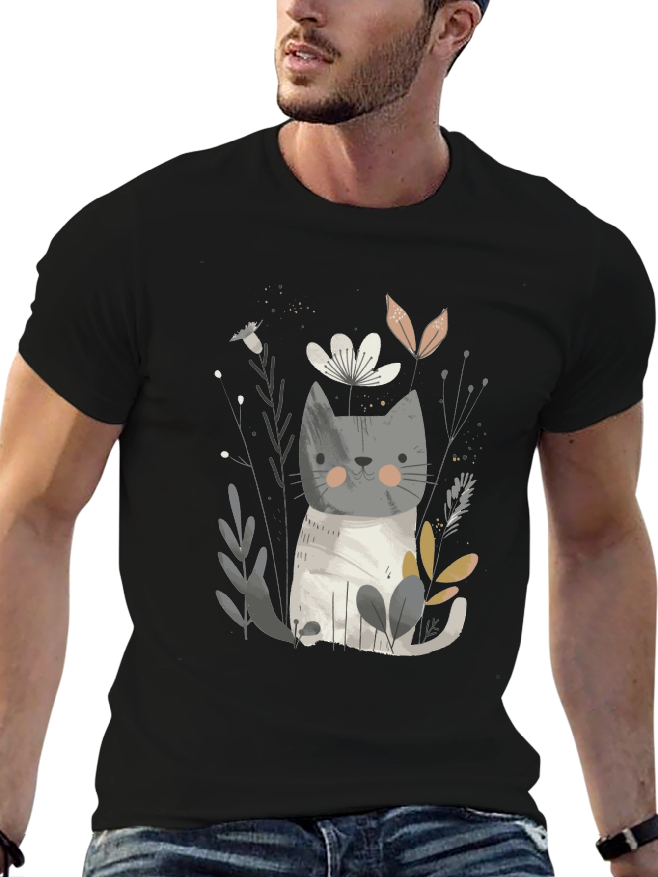 Cute Cat & Floral Graphic Black T-Shirt