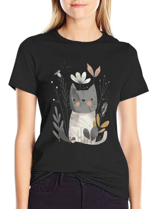 Cute Cat & Floral Graphic Black T-Shirt