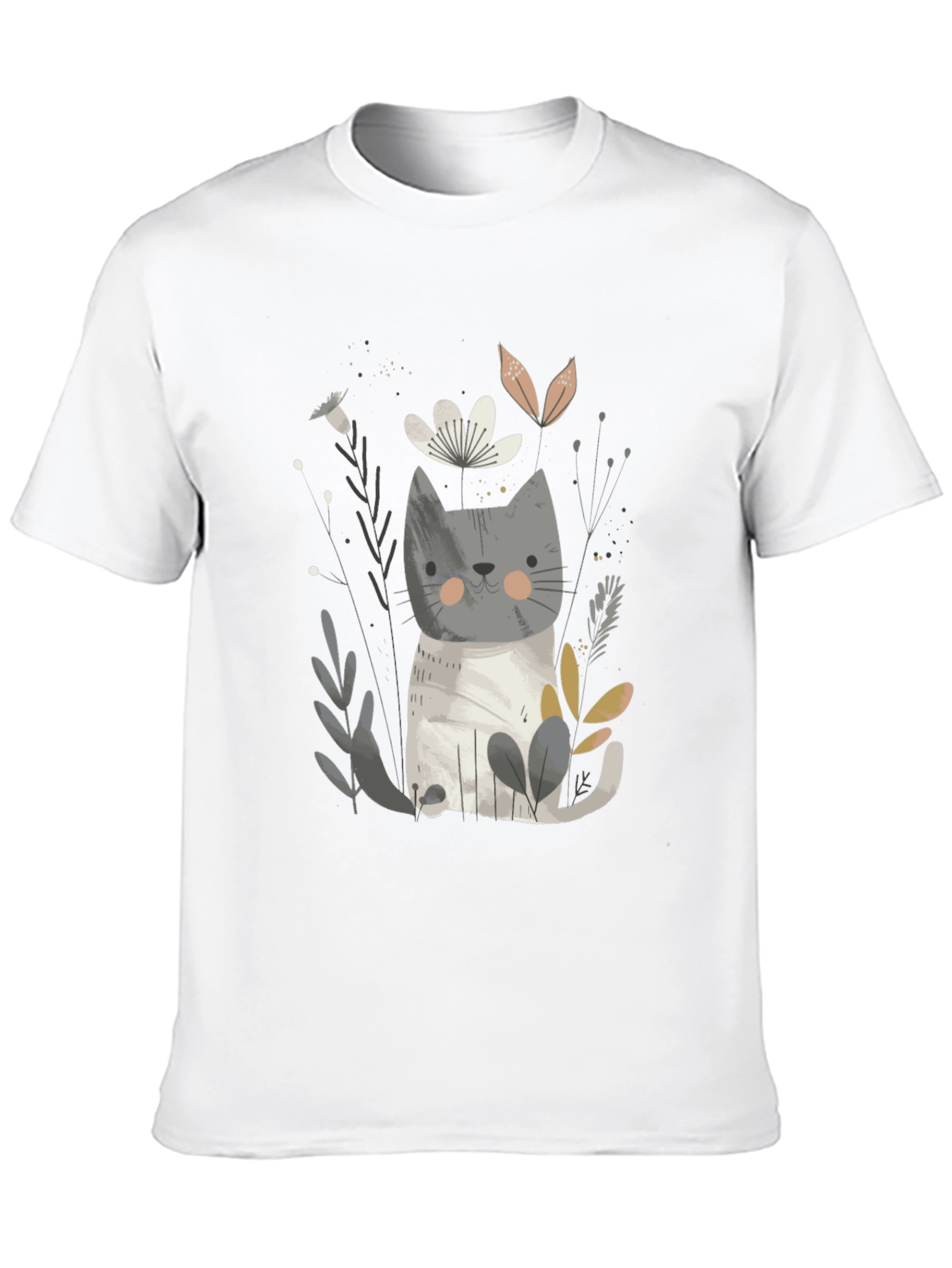 Cute Cat & Floral Graphic Black T-Shirt