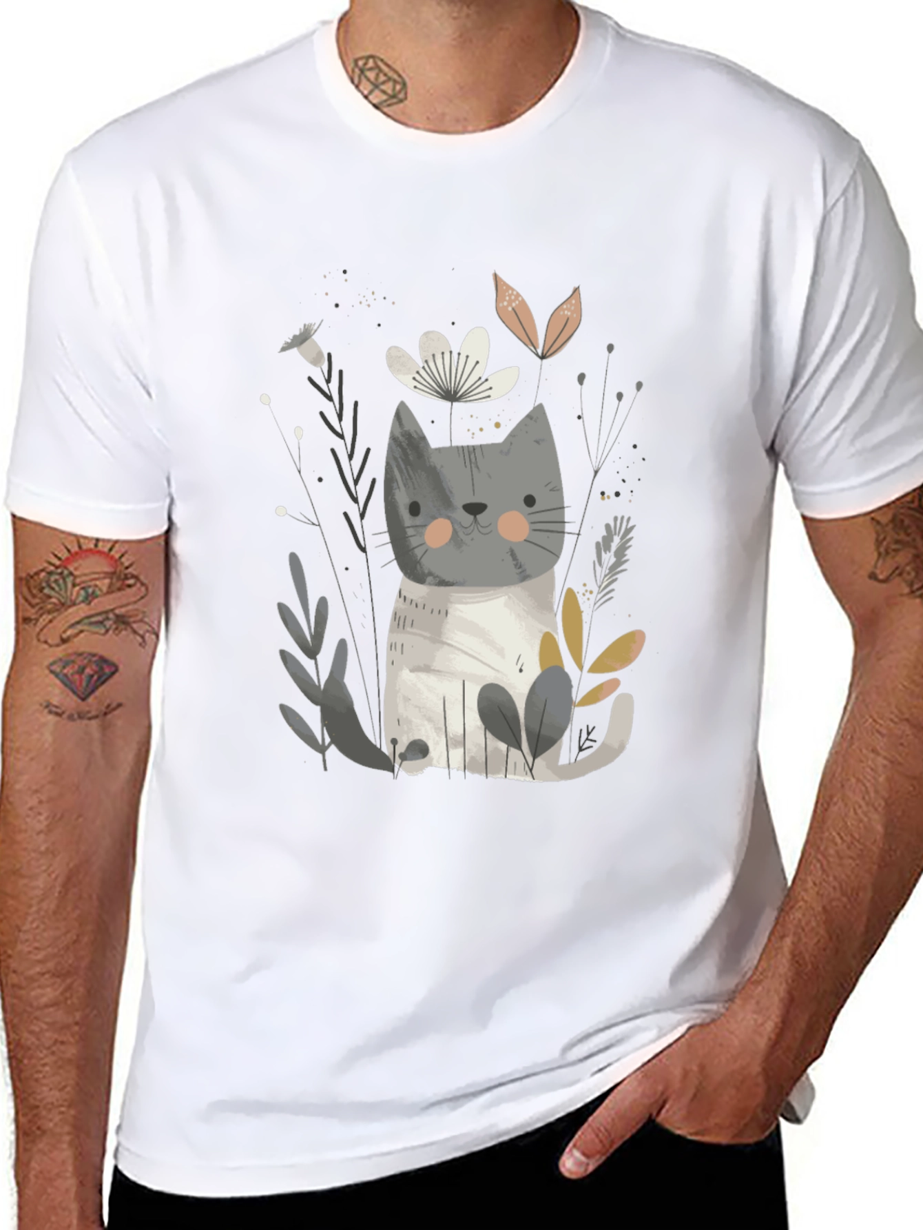Cute Cat & Floral Graphic Black T-Shirt