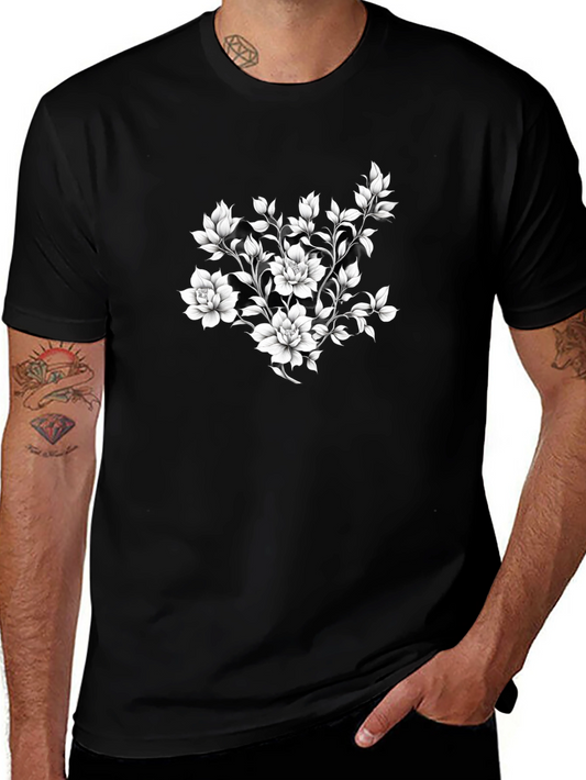 Elegant Floral Print Black T-Shirt