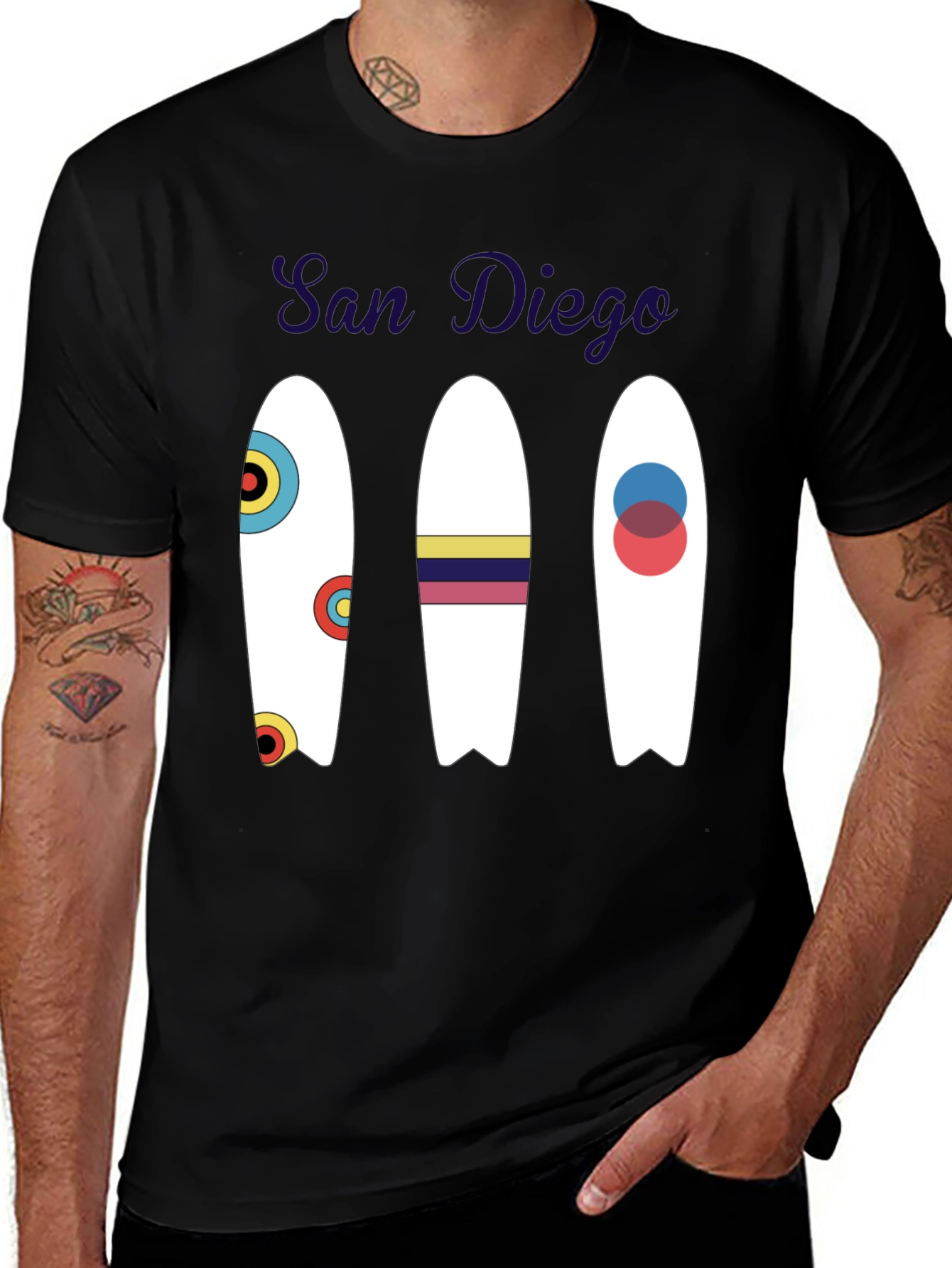 San Diego Surfboard Graphic Tee - Black Cotton T-Shirt