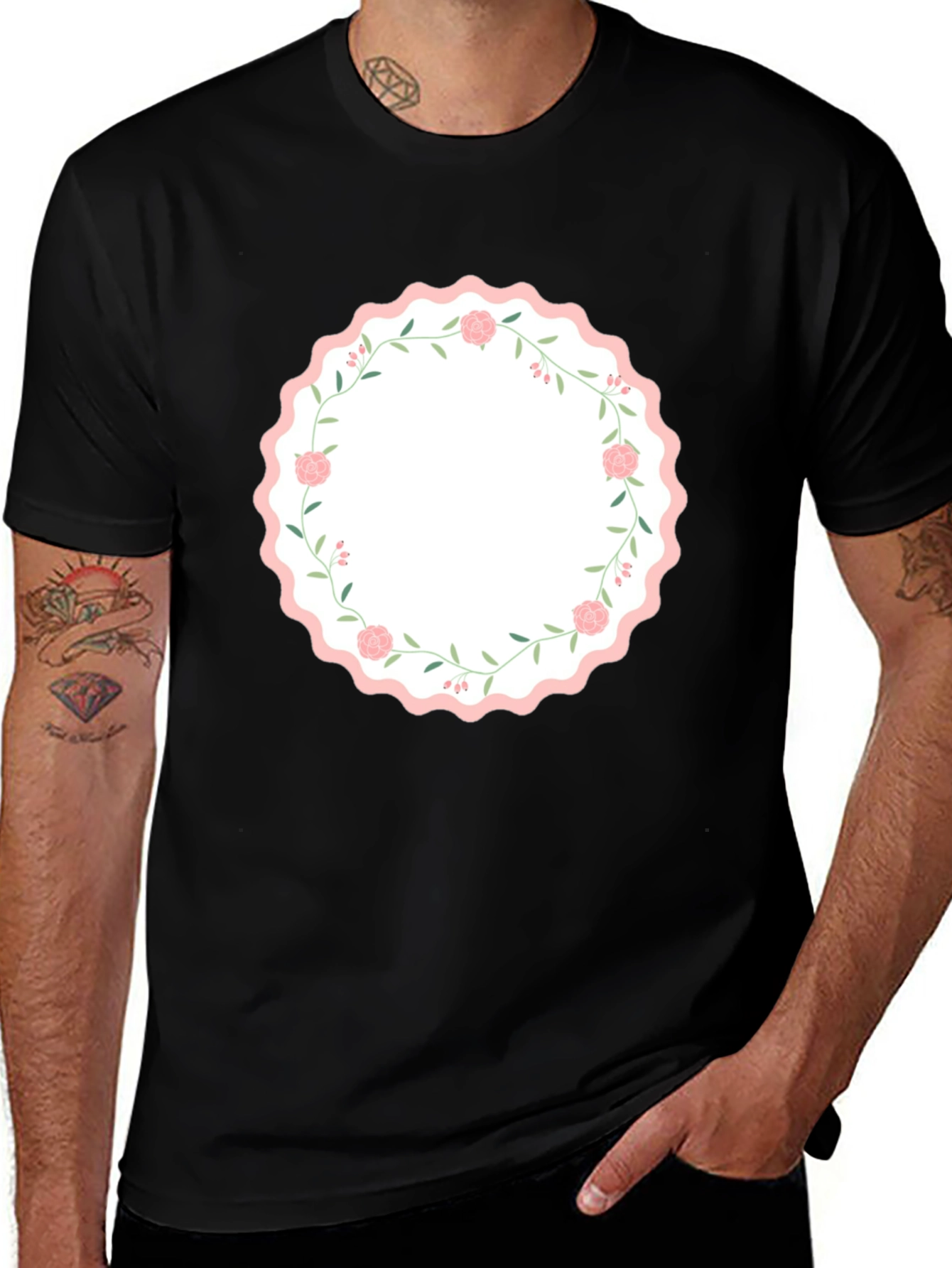 Floral Wreath Graphic Black T-Shirt