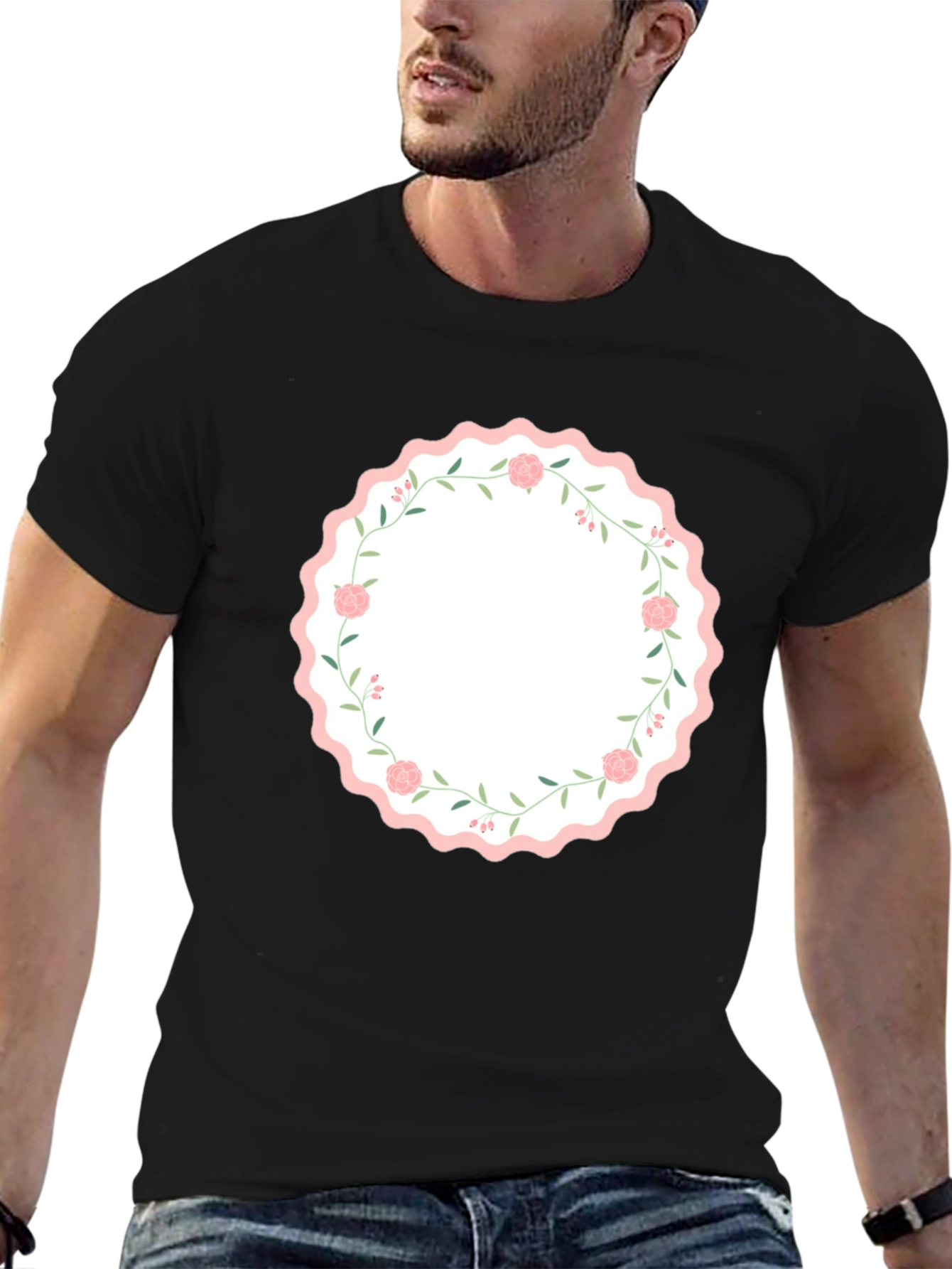Floral Wreath Graphic Black T-Shirt